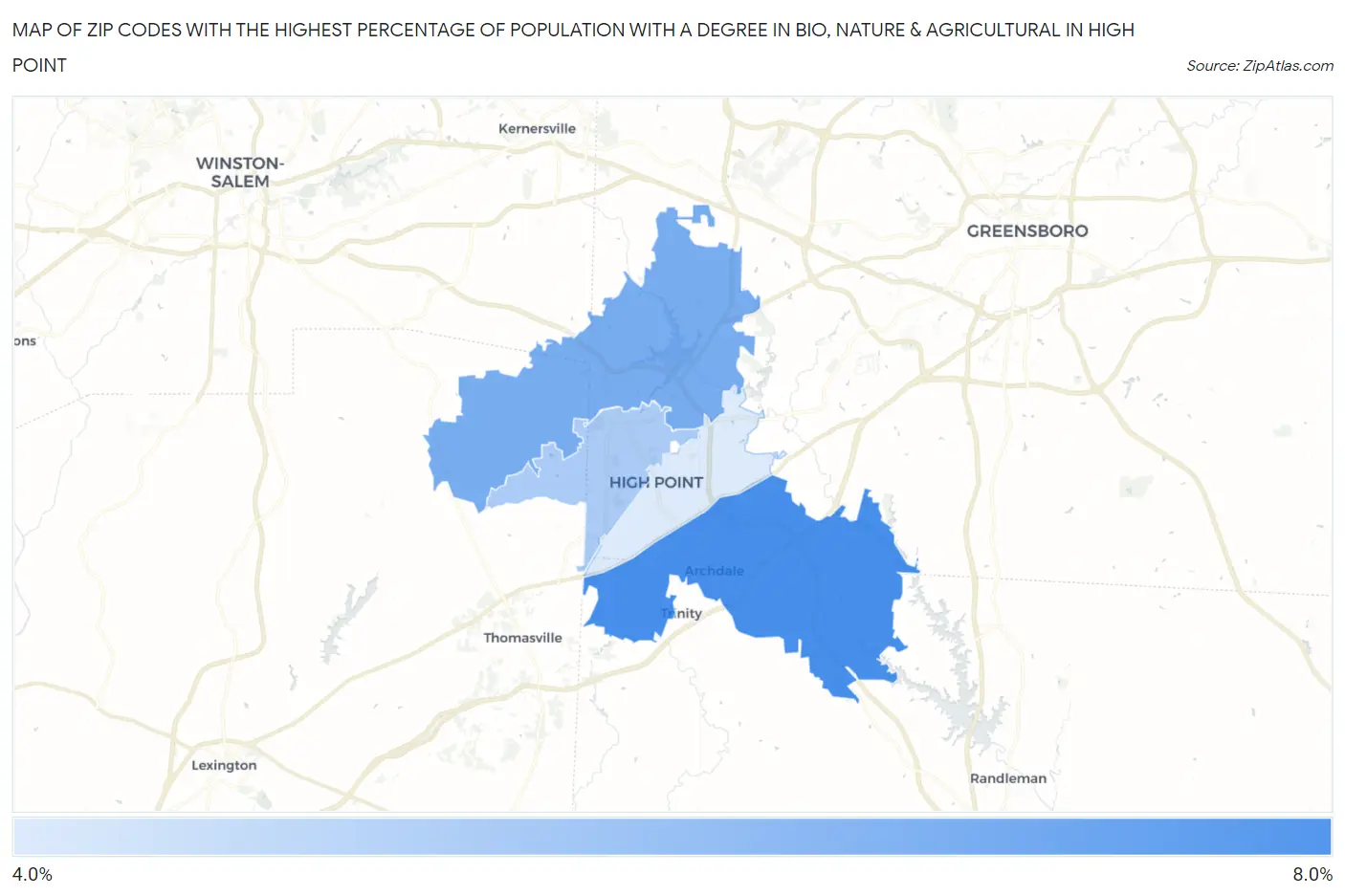 Zip Codes with the Highest Percentage of Population with a Degree in Bio, Nature & Agricultural in High Point Map