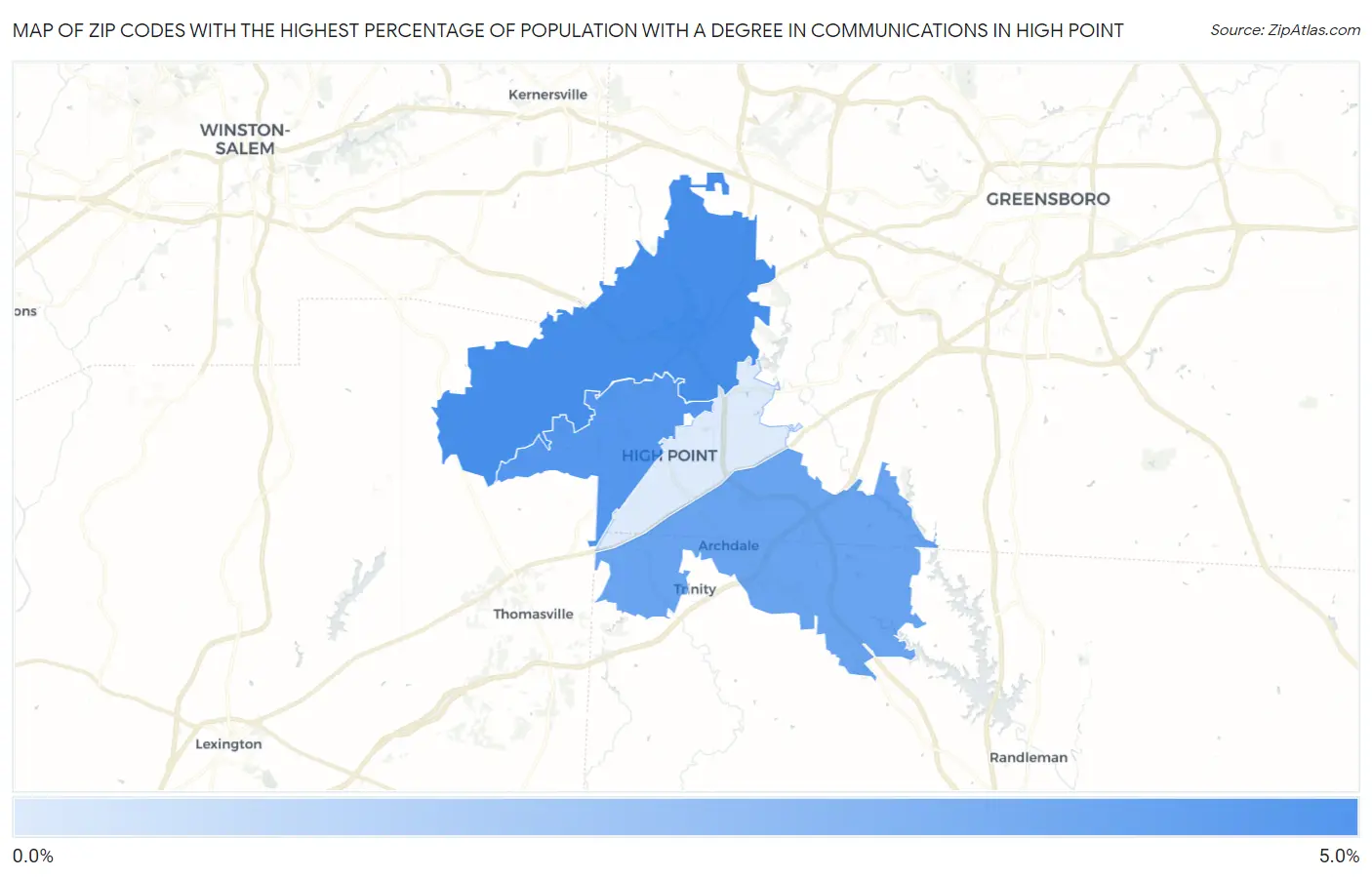 Zip Codes with the Highest Percentage of Population with a Degree in Communications in High Point Map