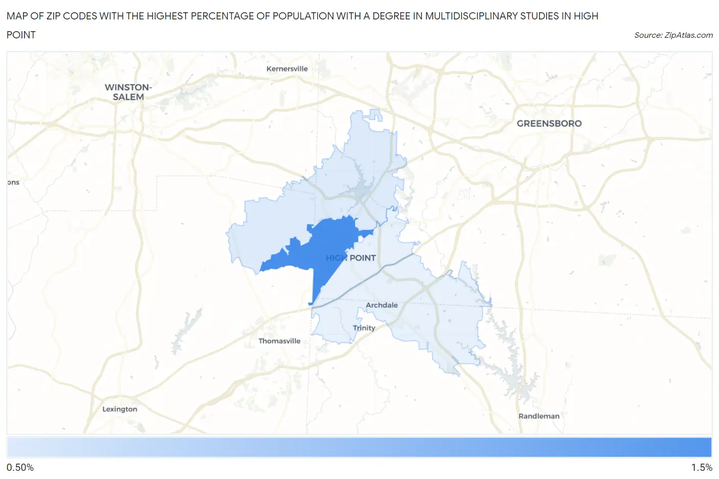 Zip Codes with the Highest Percentage of Population with a Degree in Multidisciplinary Studies in High Point Map