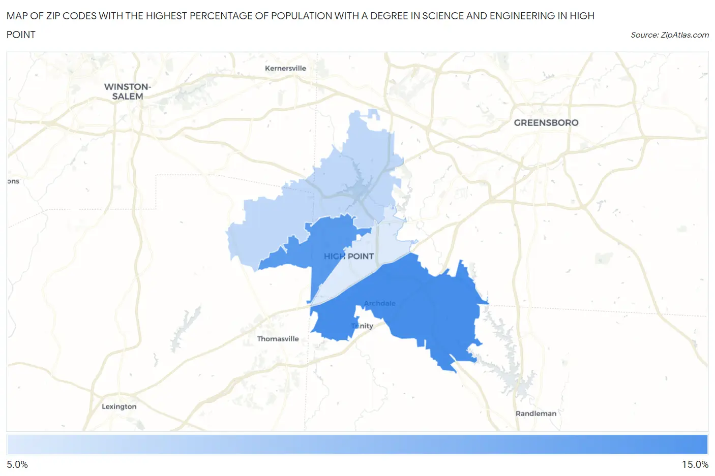 Zip Codes with the Highest Percentage of Population with a Degree in Science and Engineering in High Point Map