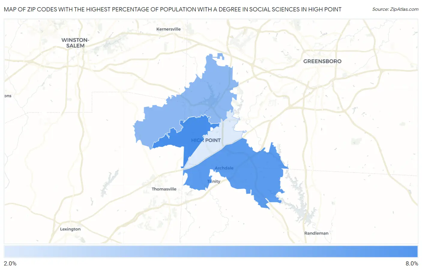 Zip Codes with the Highest Percentage of Population with a Degree in Social Sciences in High Point Map