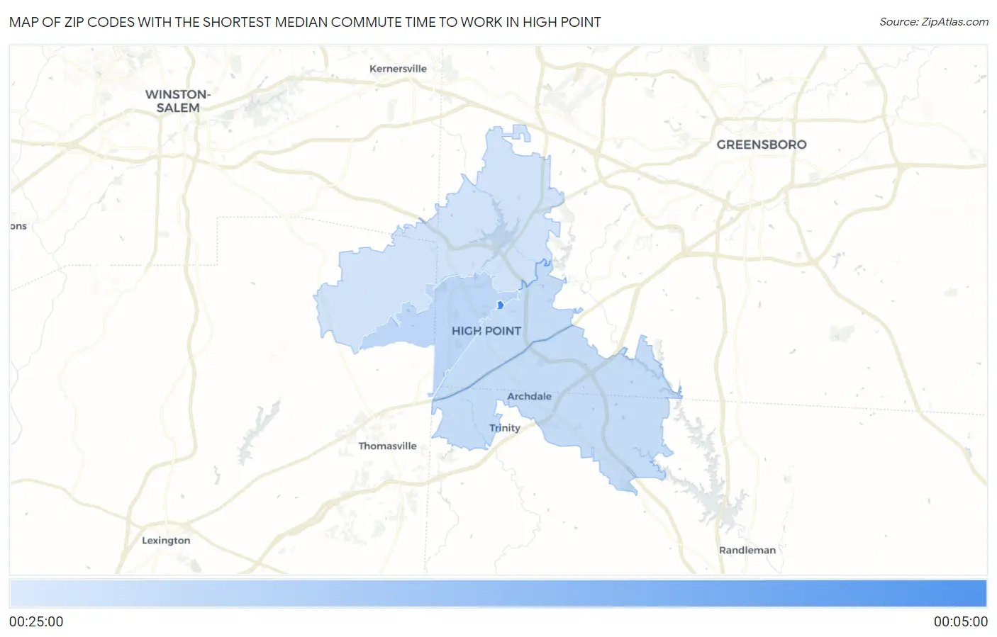 Zip Codes with the Shortest Median Commute Time to Work in High Point Map