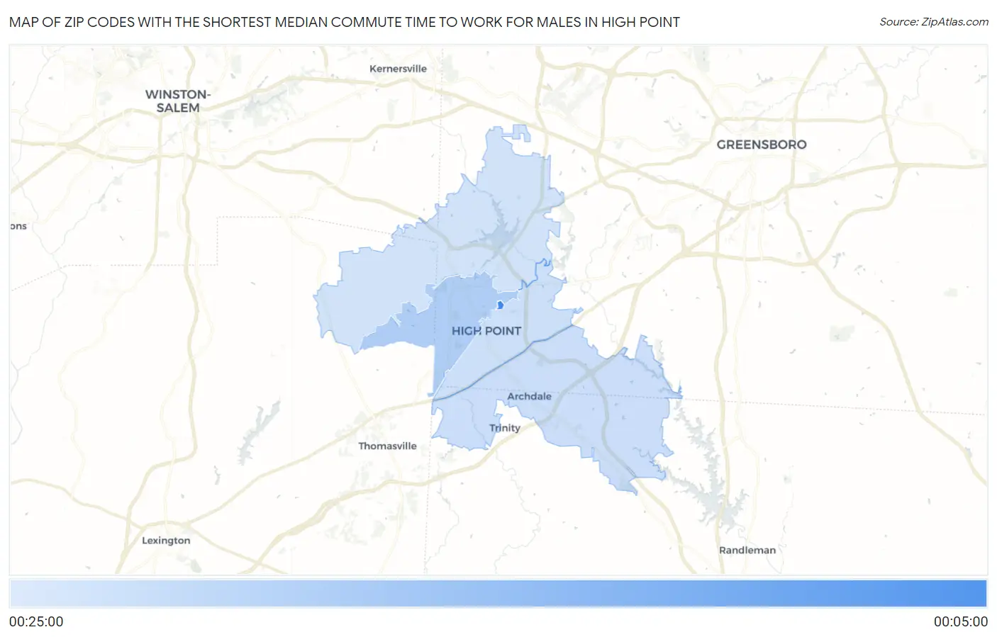 Zip Codes with the Shortest Median Commute Time to Work for Males in High Point Map