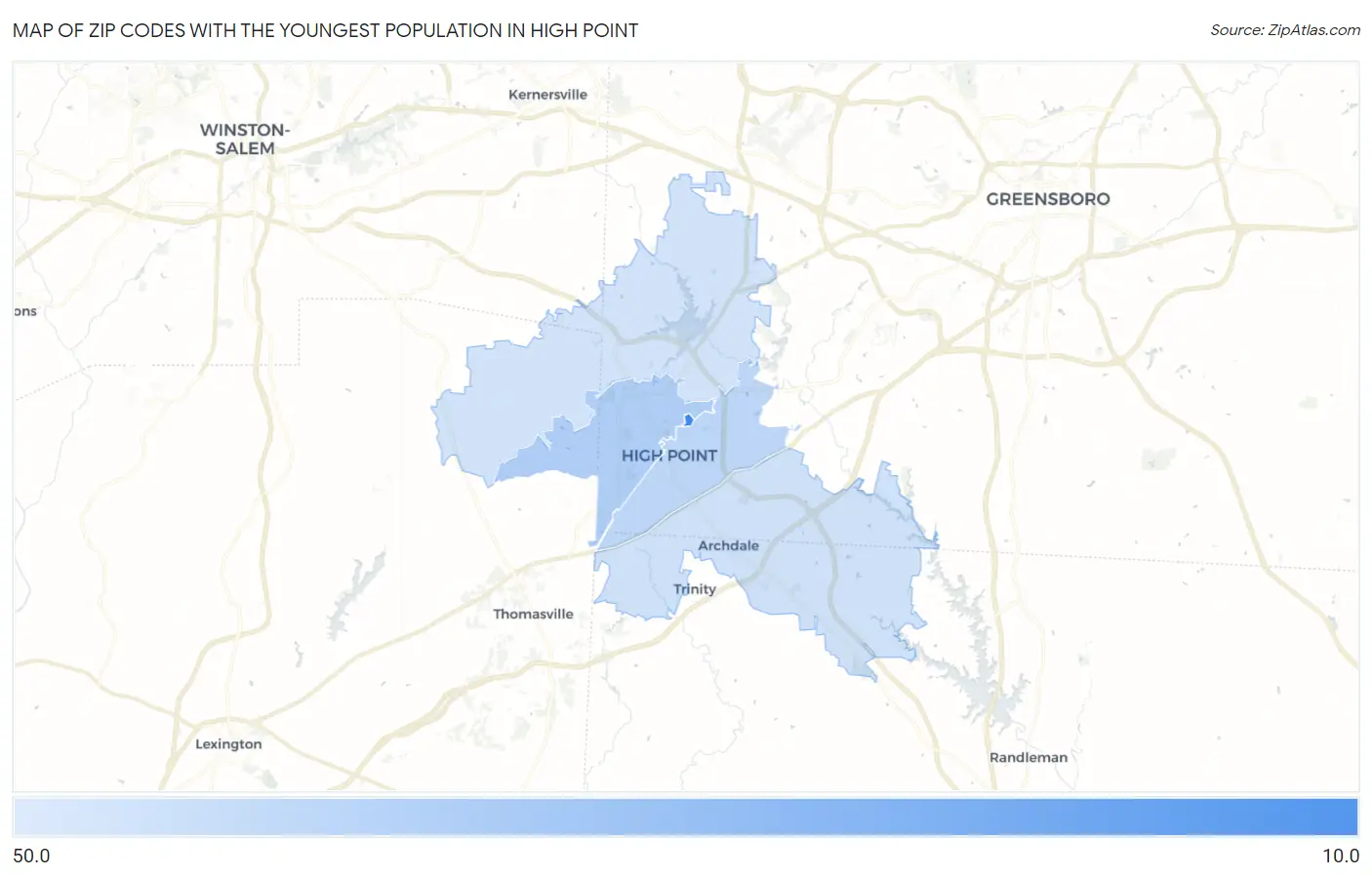Zip Codes with the Youngest Population in High Point Map