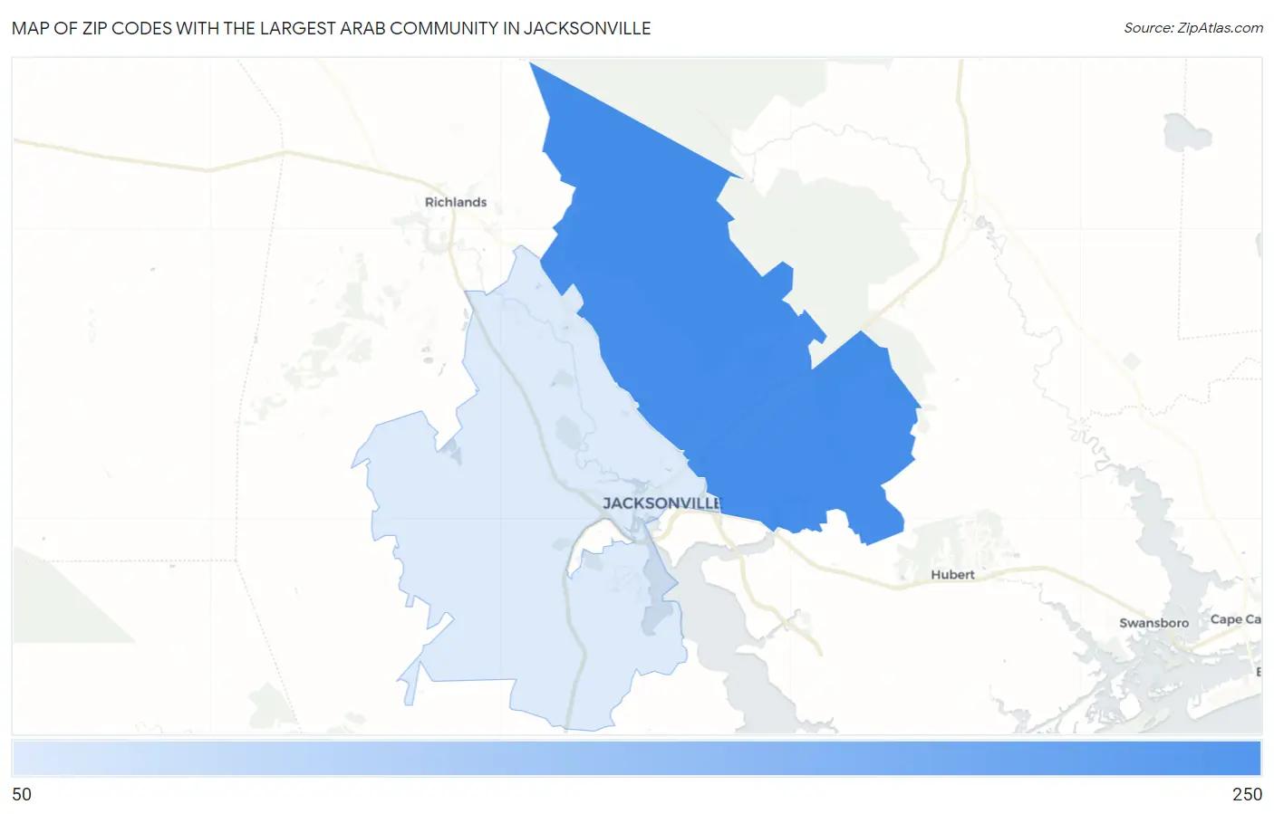 Zip Codes with the Largest Arab Community in Jacksonville Map