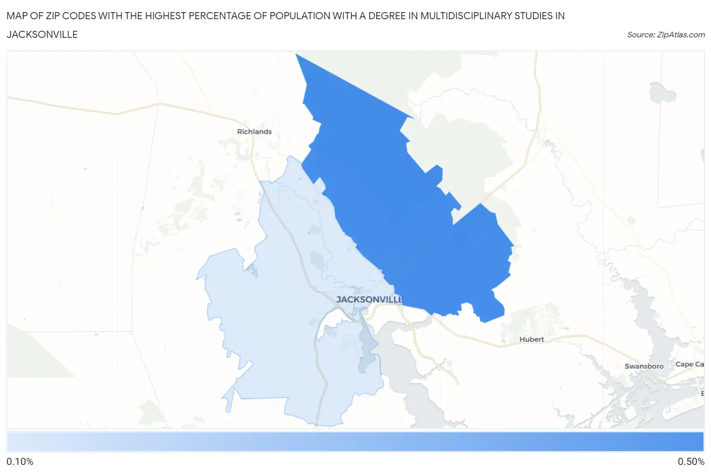 Zip Codes with the Highest Percentage of Population with a Degree in Multidisciplinary Studies in Jacksonville Map