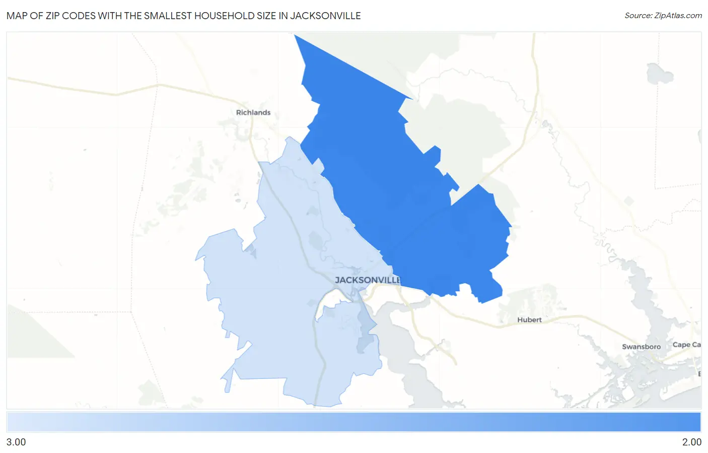 Zip Codes with the Smallest Household Size in Jacksonville Map