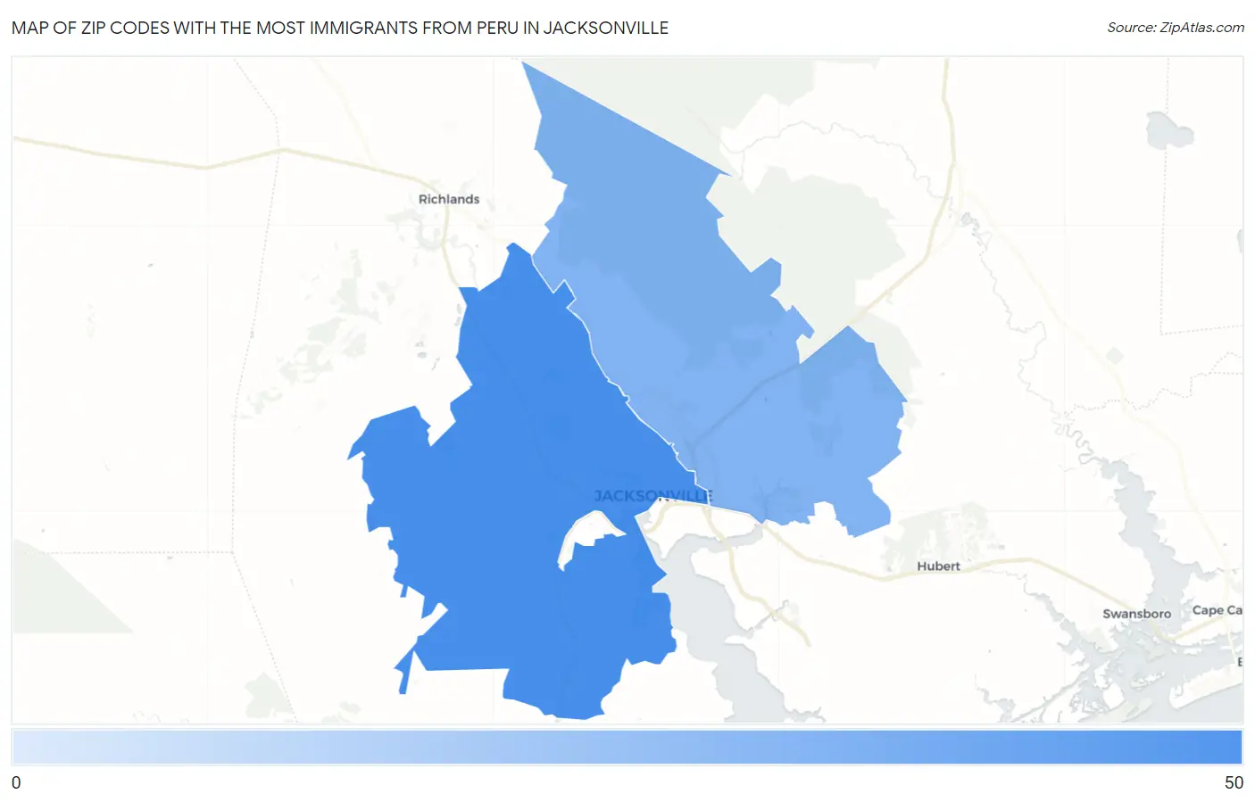 Zip Codes with the Most Immigrants from Peru in Jacksonville Map