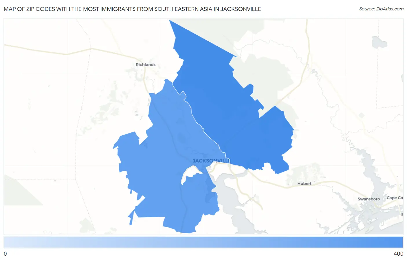 Zip Codes with the Most Immigrants from South Eastern Asia in Jacksonville Map