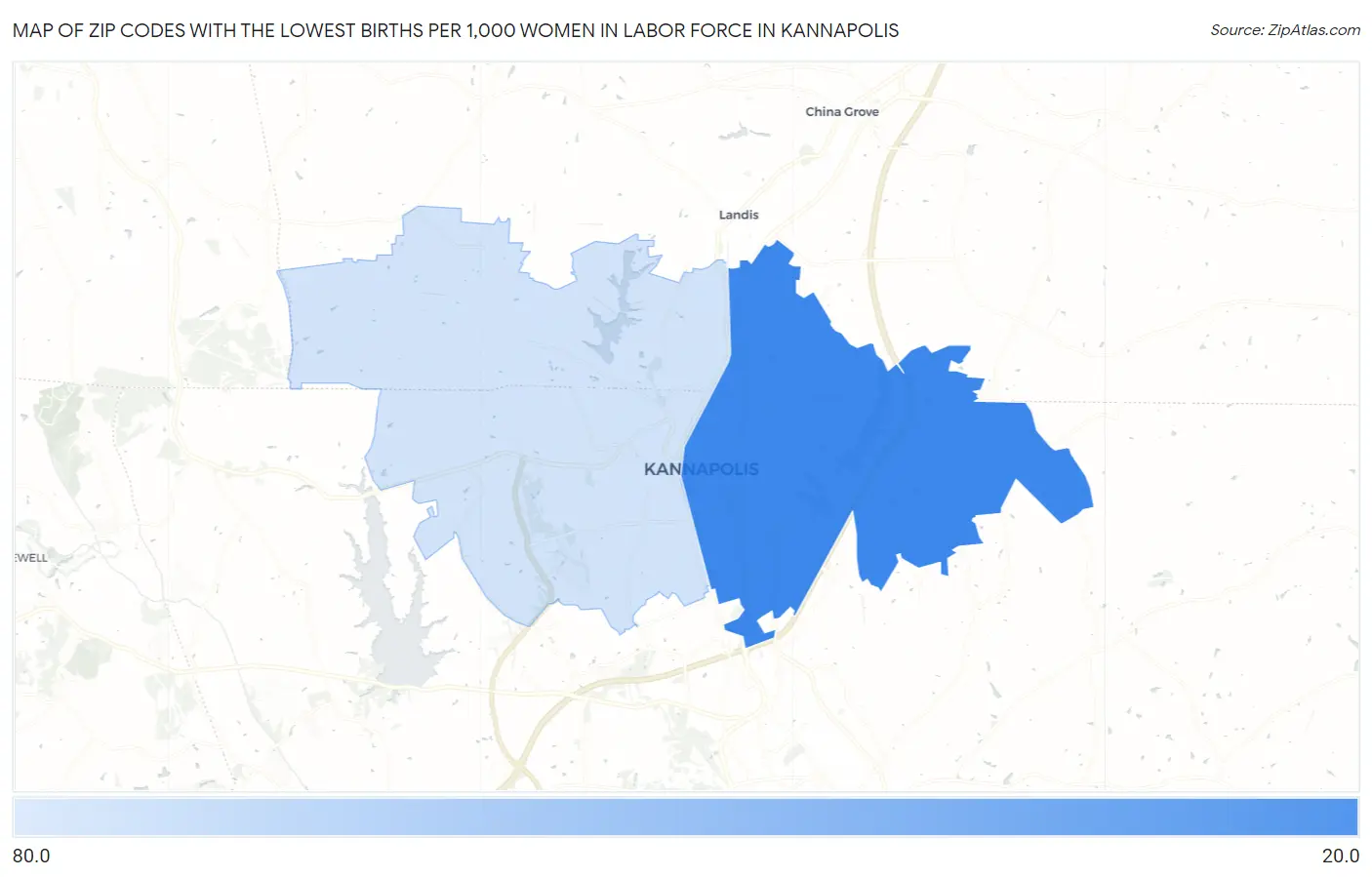 Zip Codes with the Lowest Births per 1,000 Women in Labor Force in Kannapolis Map