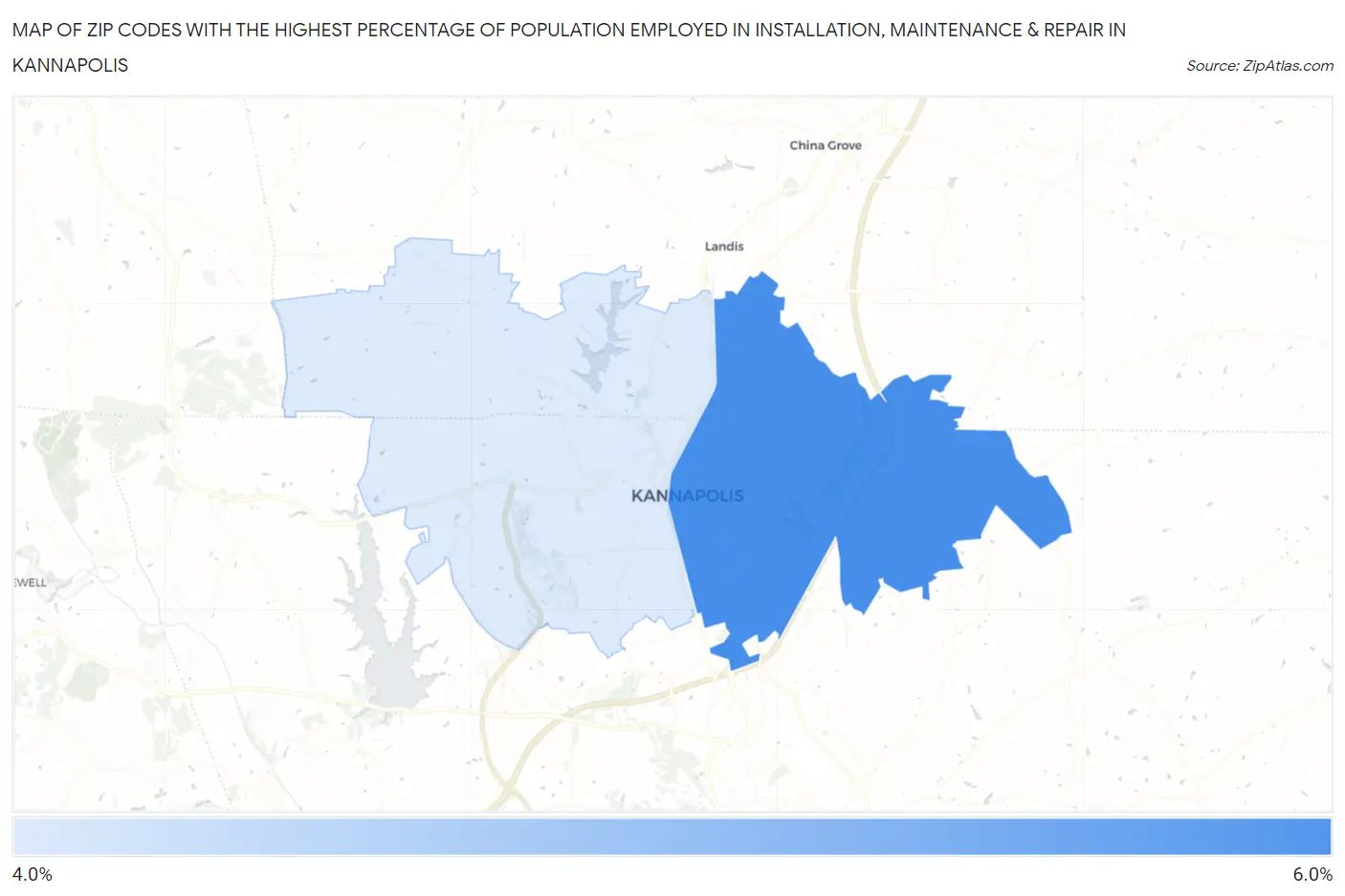 Zip Codes with the Highest Percentage of Population Employed in Installation, Maintenance & Repair in Kannapolis Map