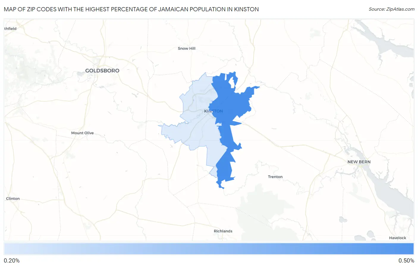 Zip Codes with the Highest Percentage of Jamaican Population in Kinston Map