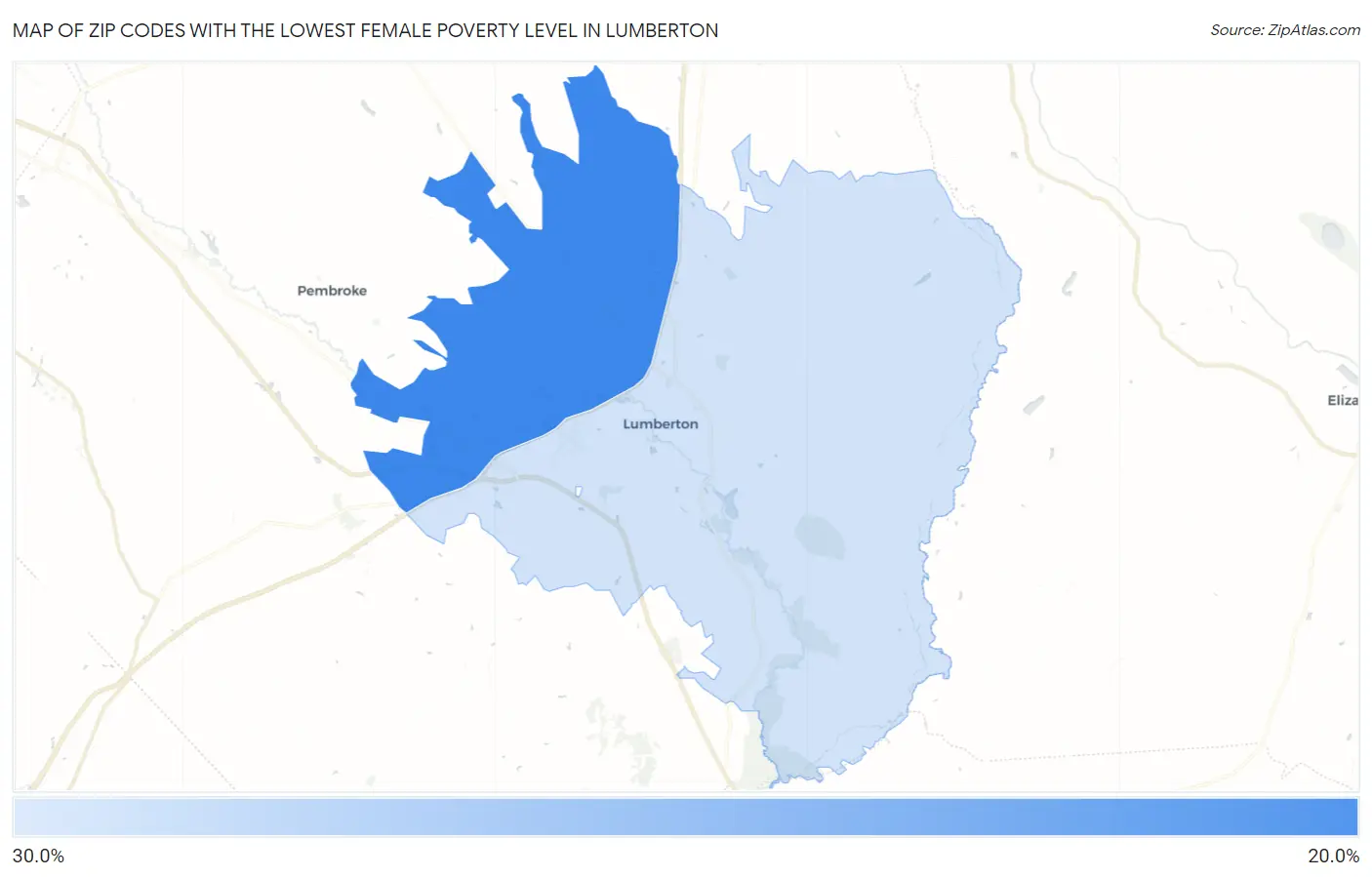 Zip Codes with the Lowest Female Poverty Level in Lumberton Map