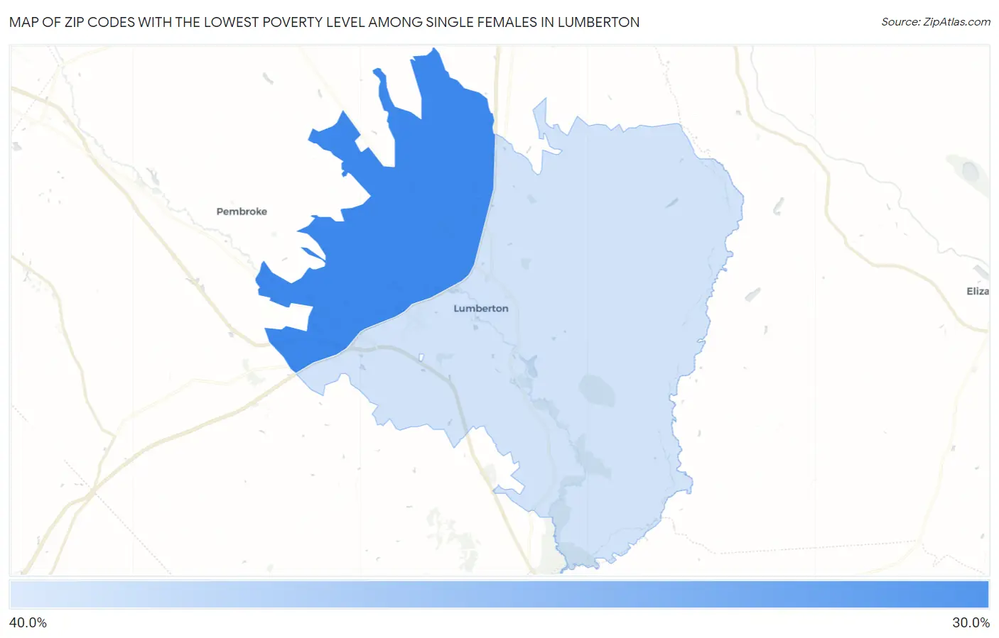 Zip Codes with the Lowest Poverty Level Among Single Females in Lumberton Map