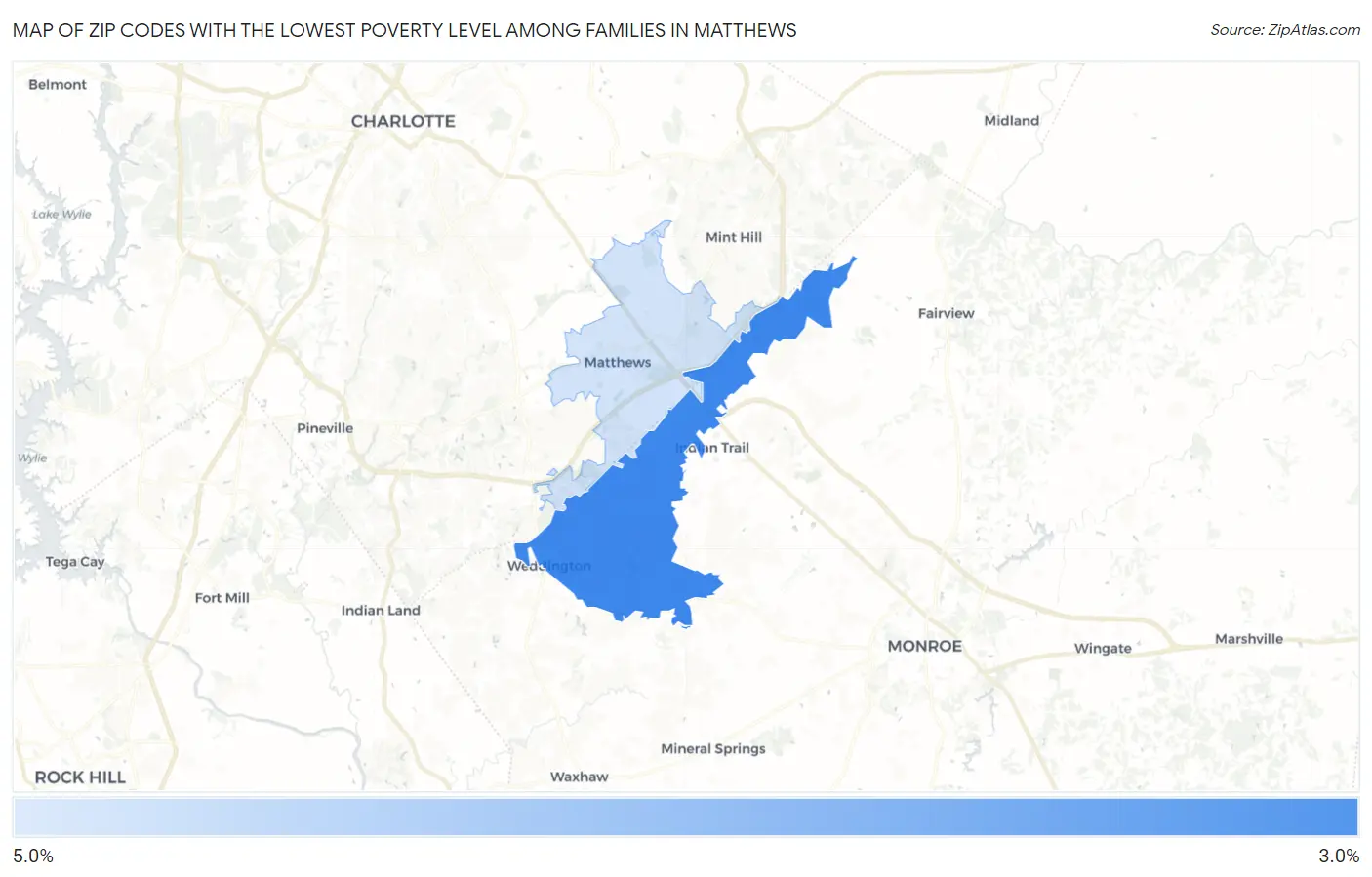 Zip Codes with the Lowest Poverty Level Among Families in Matthews Map