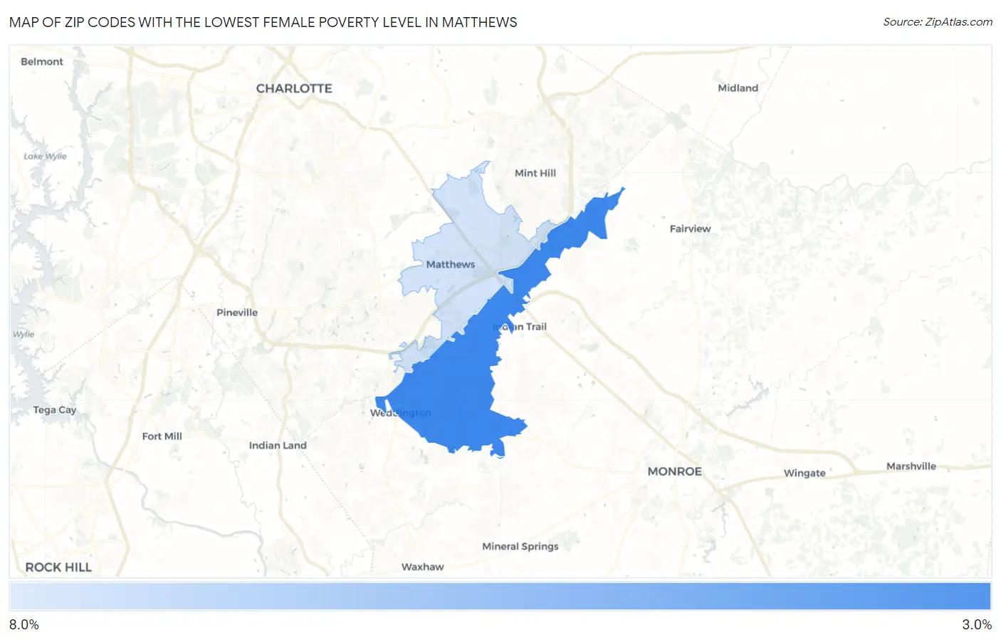 Zip Codes with the Lowest Female Poverty Level in Matthews Map