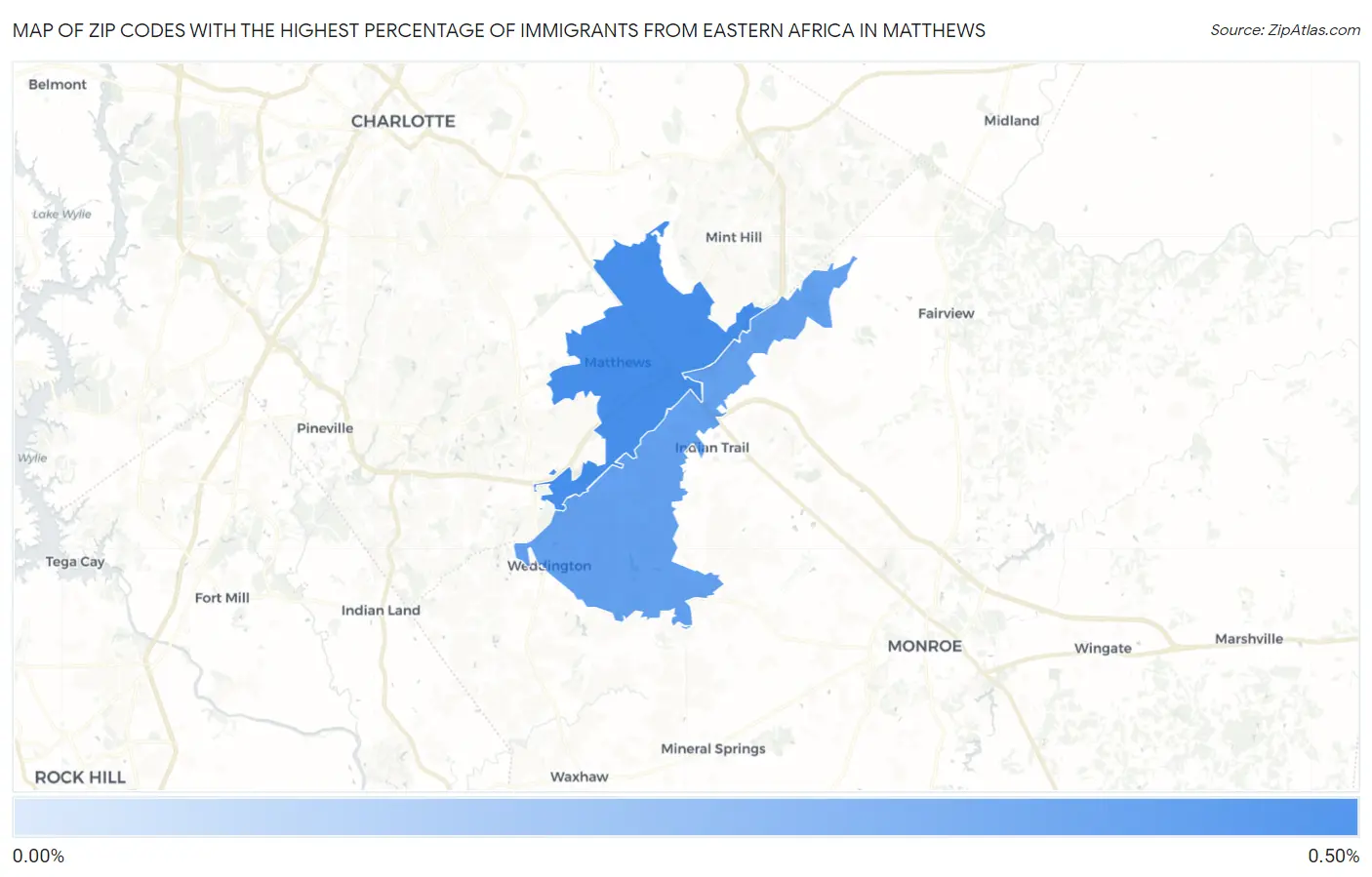 Zip Codes with the Highest Percentage of Immigrants from Eastern Africa in Matthews Map