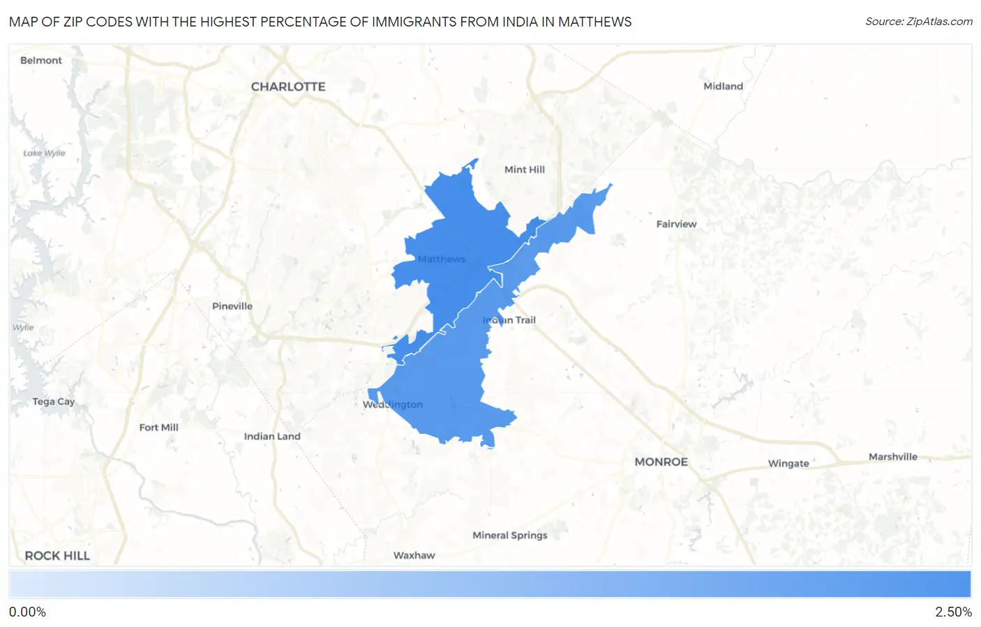 Zip Codes with the Highest Percentage of Immigrants from India in Matthews Map