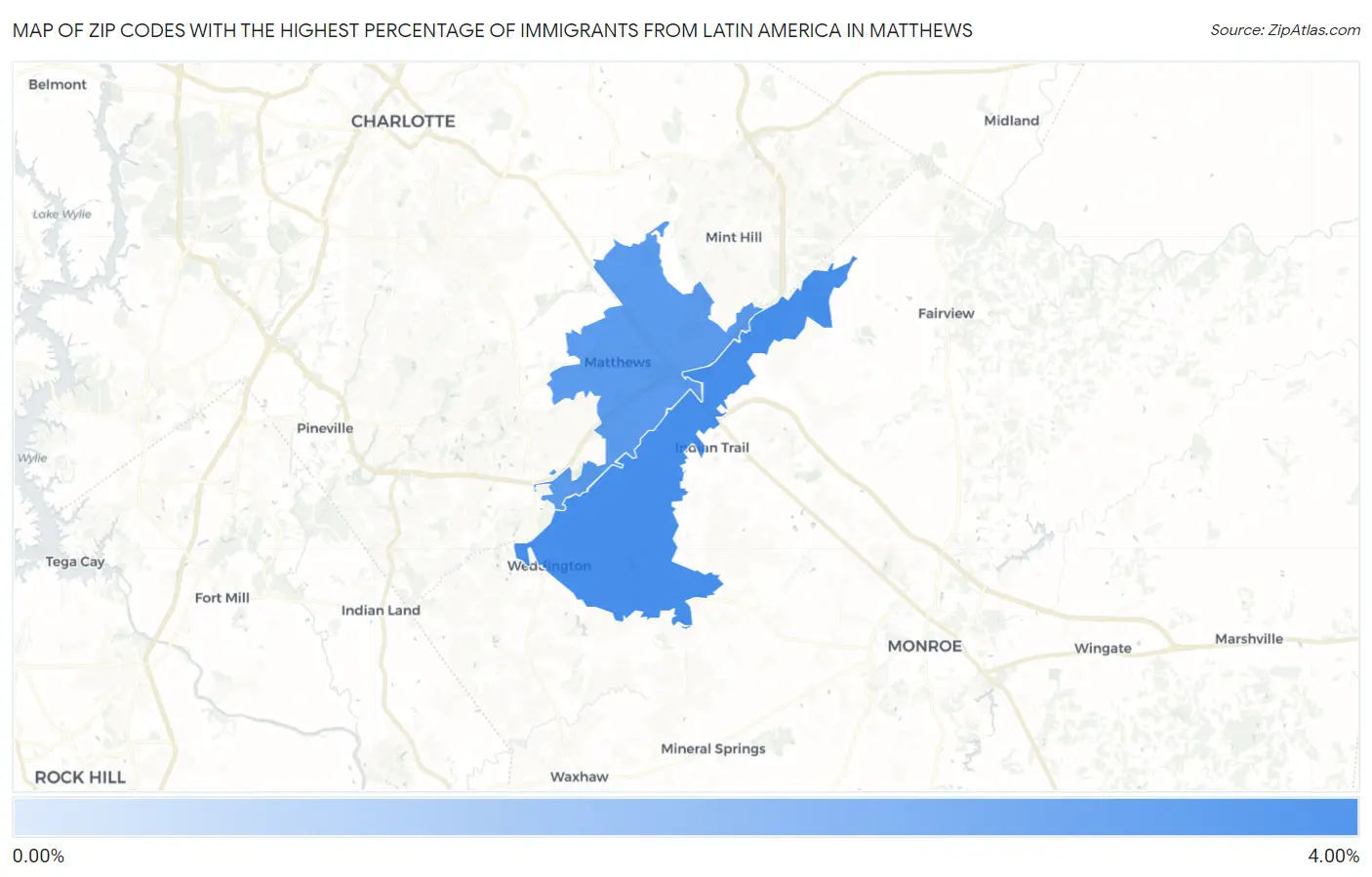 Zip Codes with the Highest Percentage of Immigrants from Latin America in Matthews Map