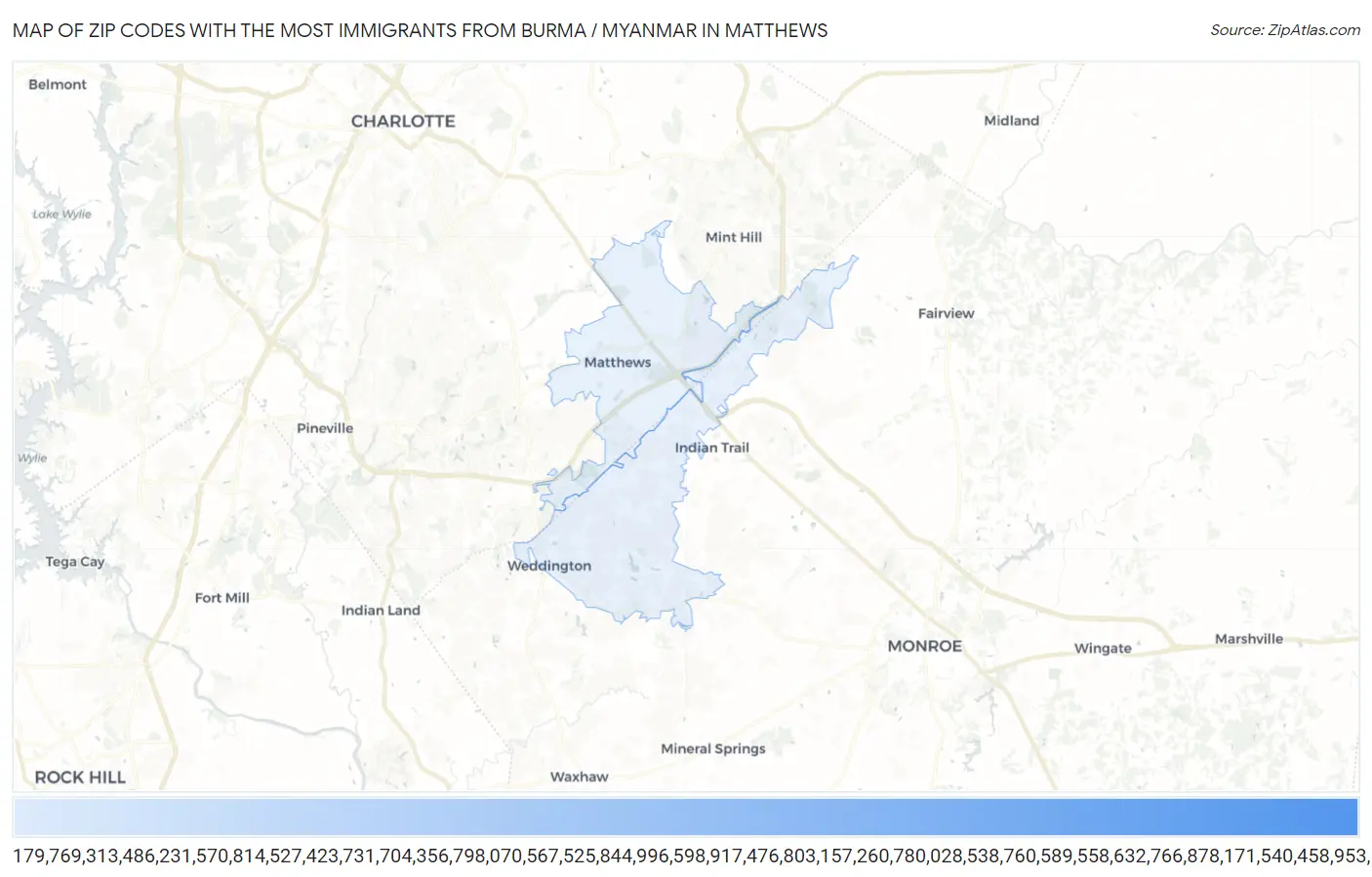 Zip Codes with the Most Immigrants from Burma / Myanmar in Matthews Map