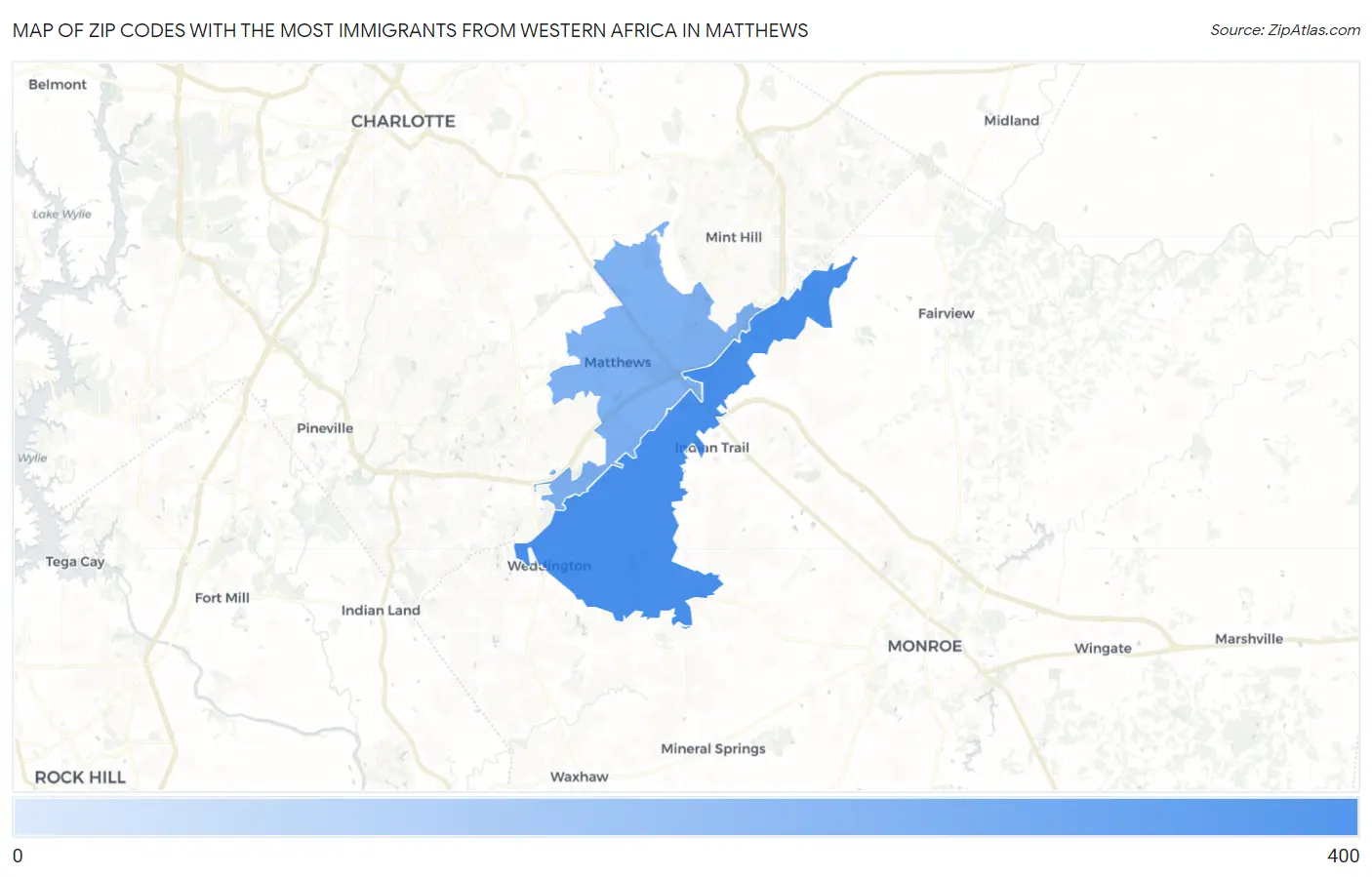 Zip Codes with the Most Immigrants from Western Africa in Matthews Map