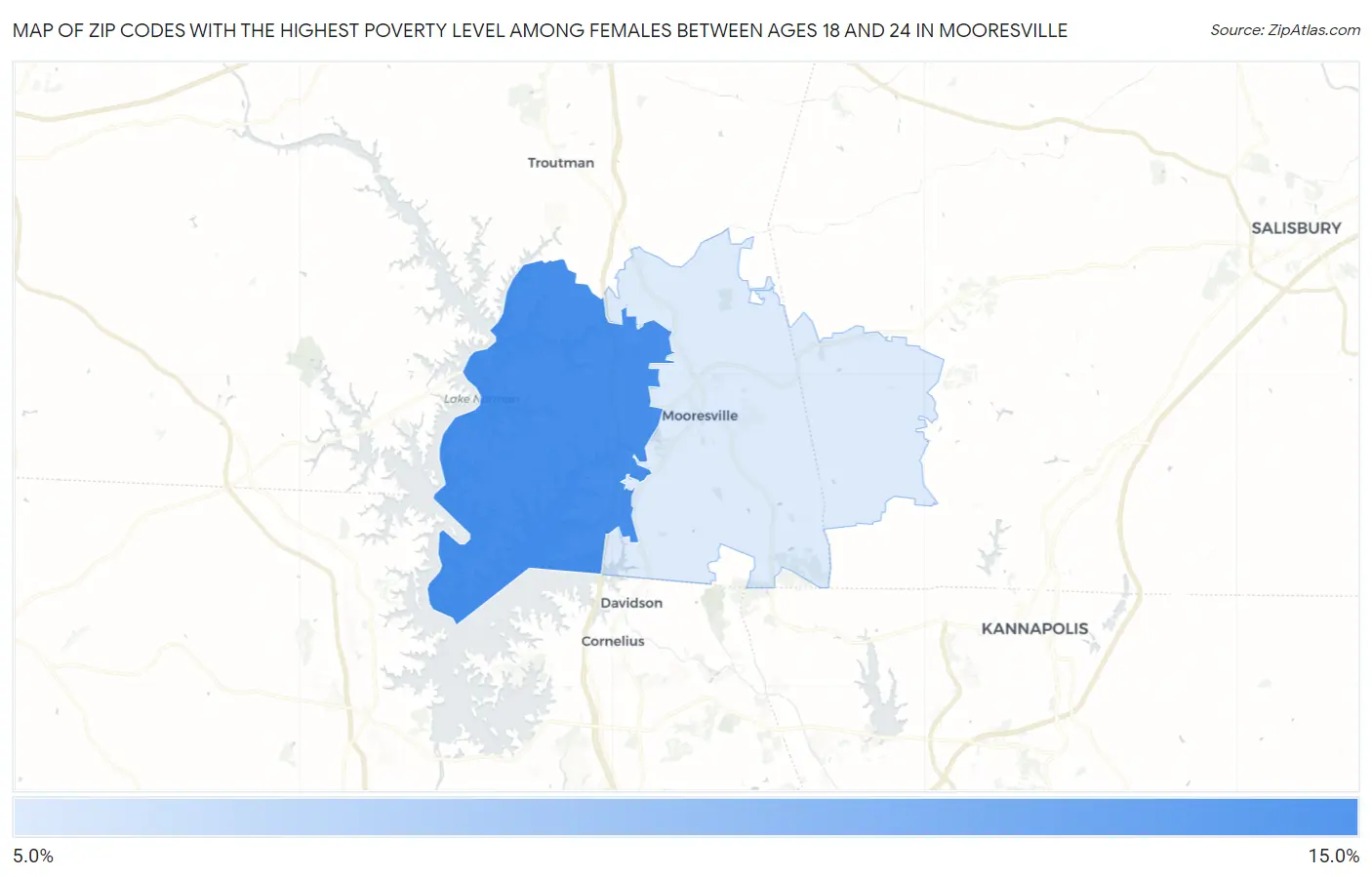 Zip Codes with the Highest Poverty Level Among Females Between Ages 18 and 24 in Mooresville Map