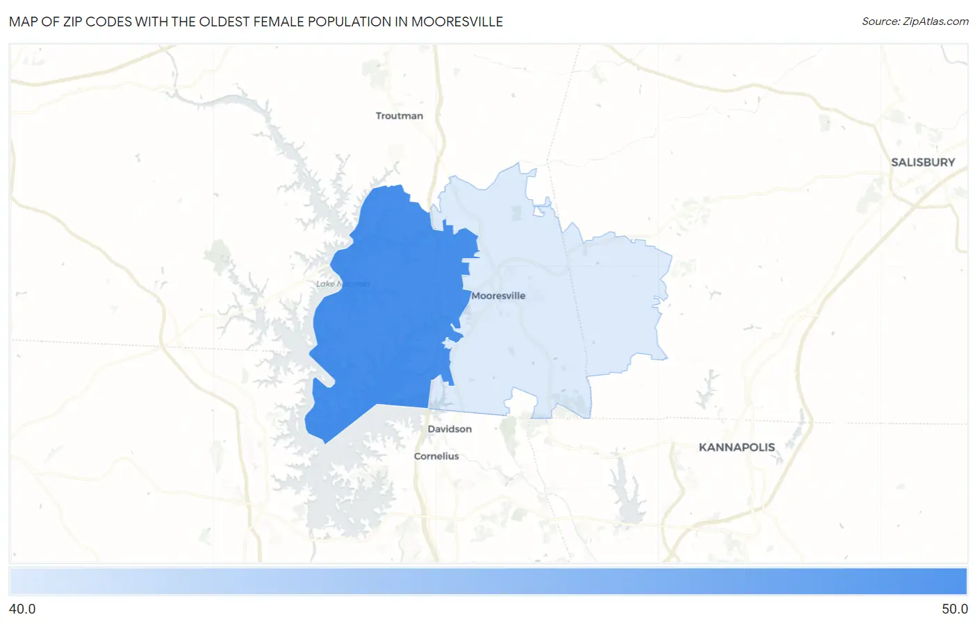 Zip Codes with the Oldest Female Population in Mooresville Map