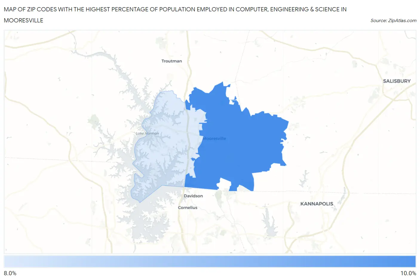 Zip Codes with the Highest Percentage of Population Employed in Computer, Engineering & Science in Mooresville Map