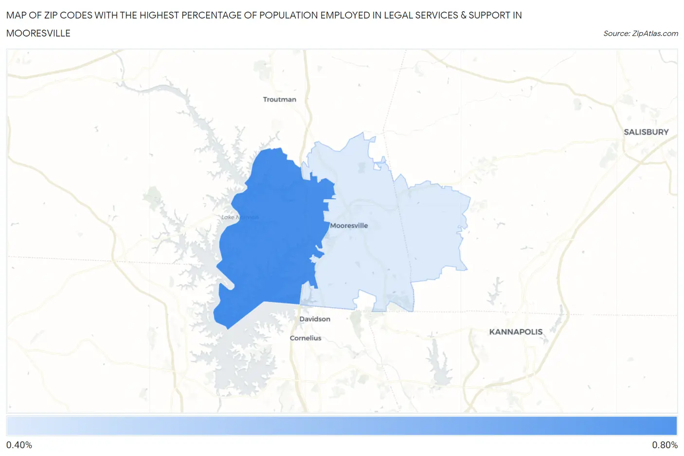 Zip Codes with the Highest Percentage of Population Employed in Legal Services & Support in Mooresville Map