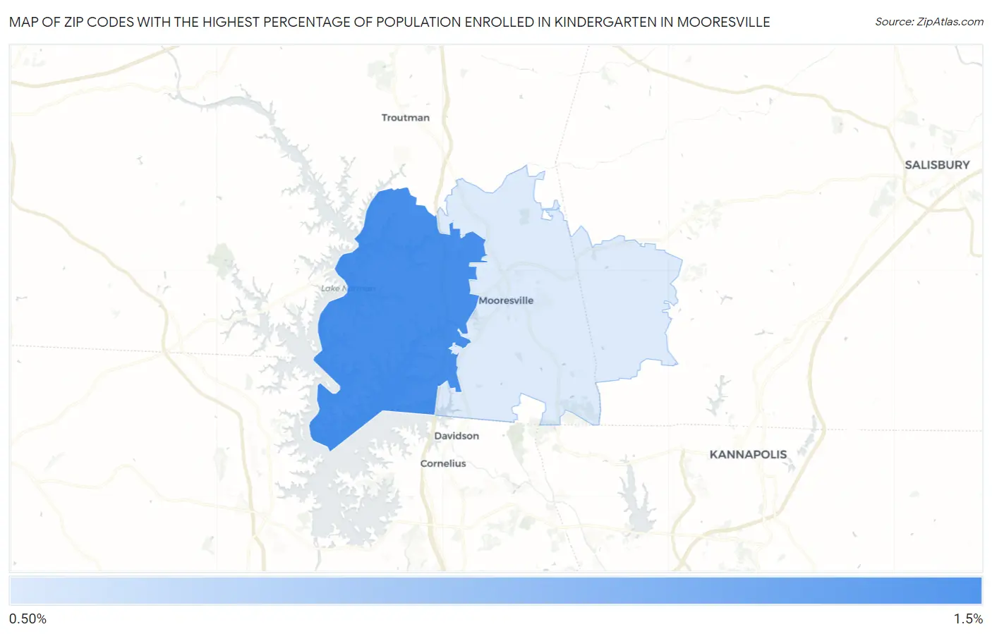 Zip Codes with the Highest Percentage of Population Enrolled in Kindergarten in Mooresville Map