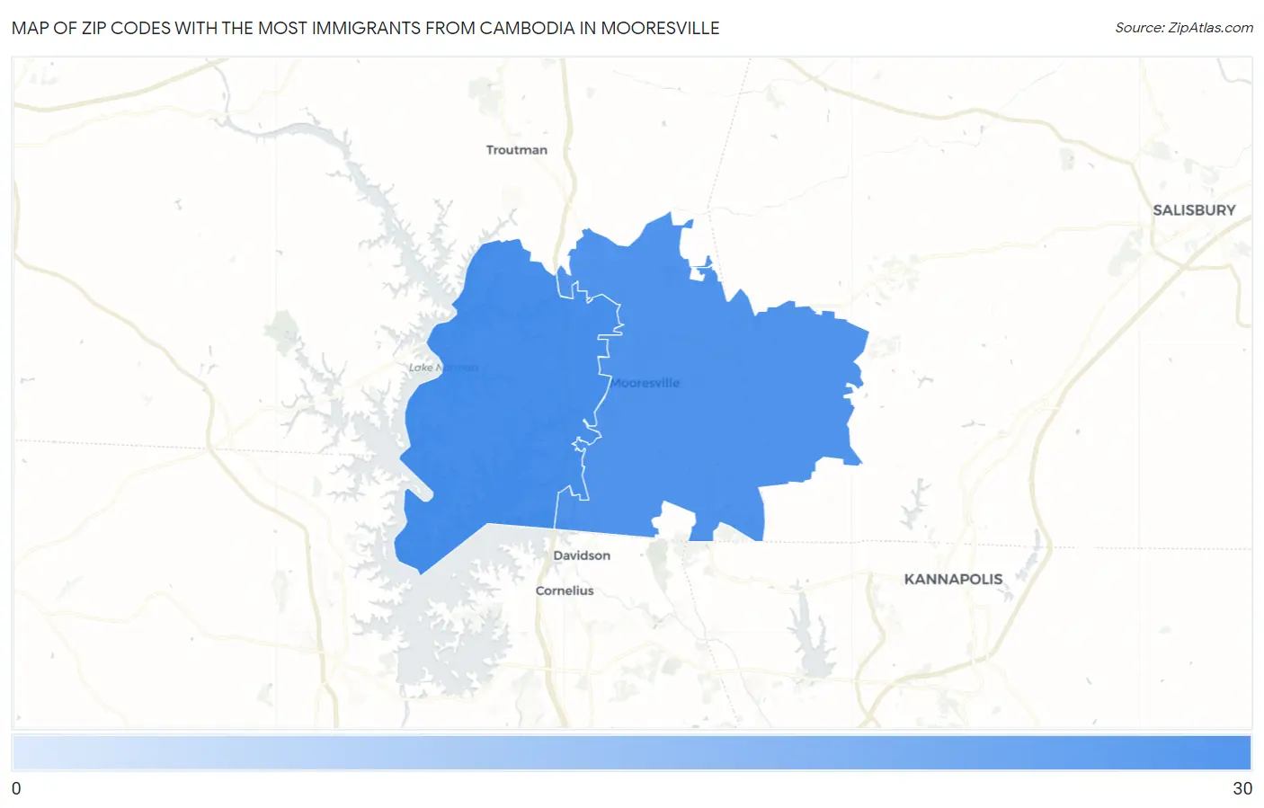 Zip Codes with the Most Immigrants from Cambodia in Mooresville Map