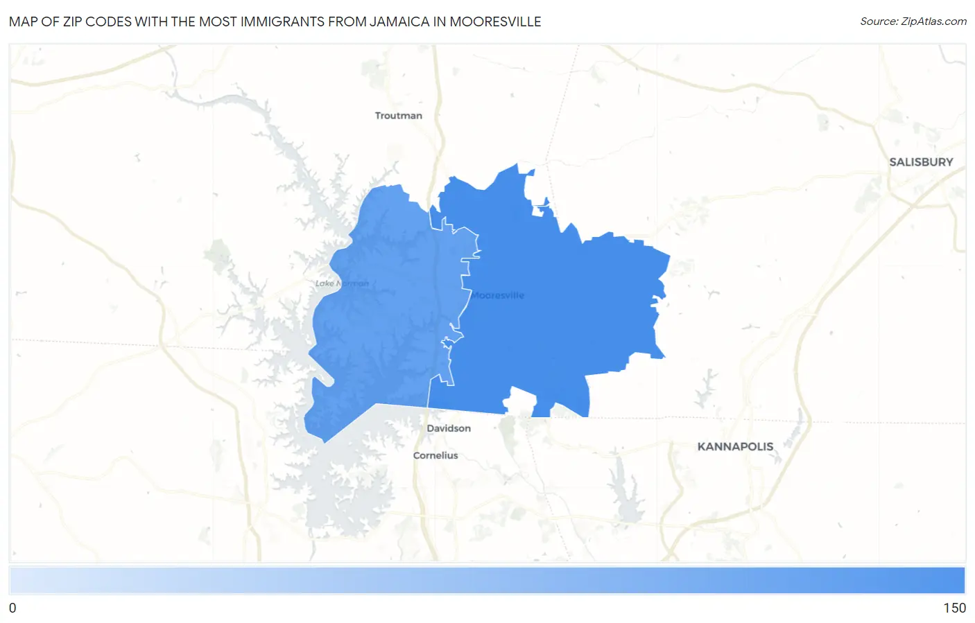 Zip Codes with the Most Immigrants from Jamaica in Mooresville Map