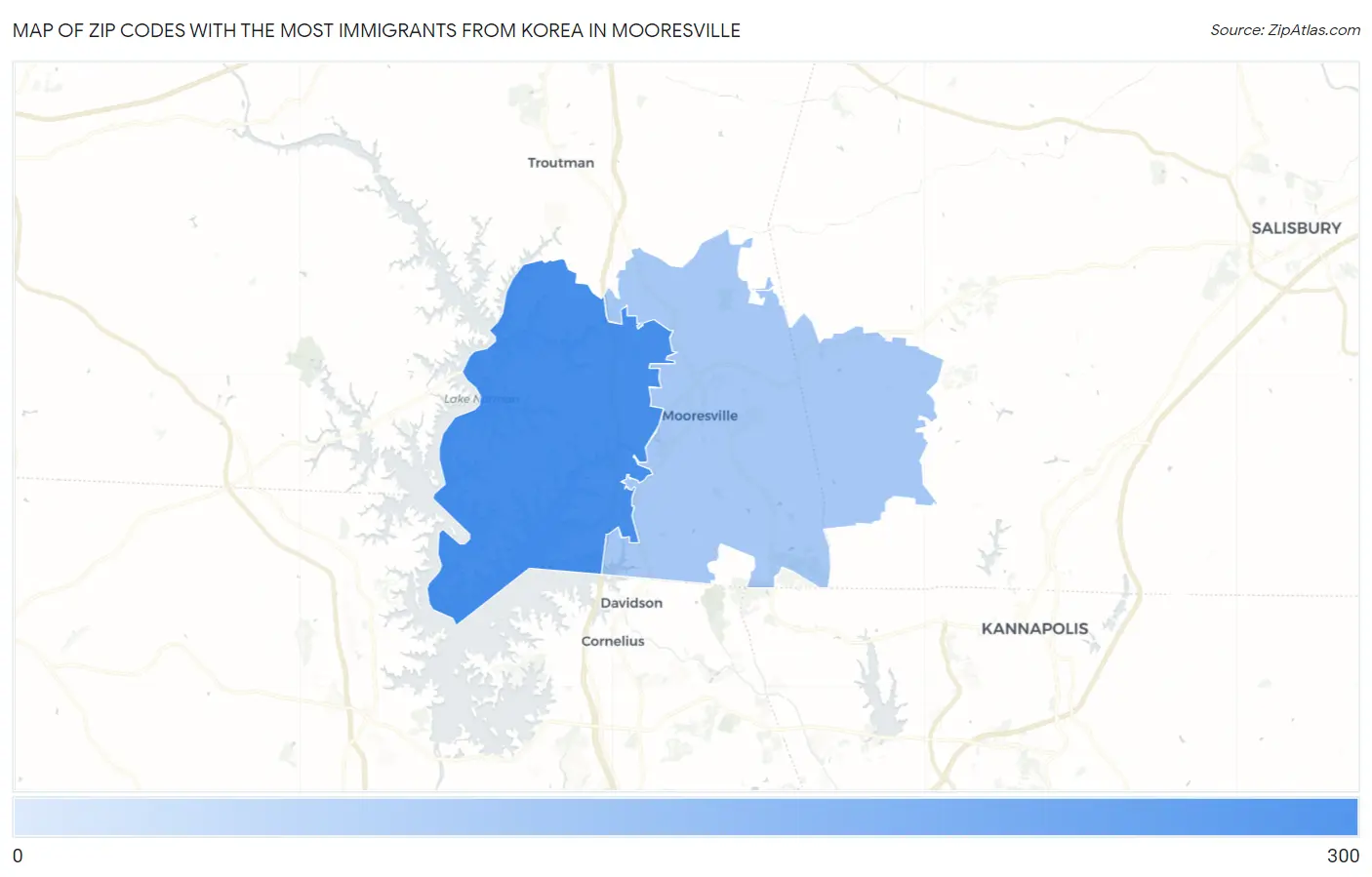 Zip Codes with the Most Immigrants from Korea in Mooresville Map