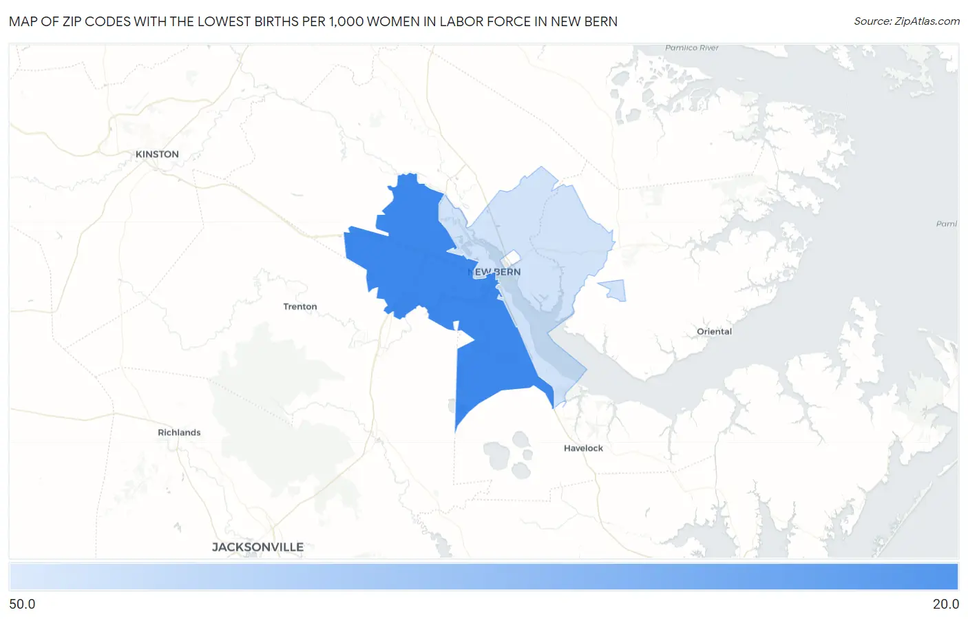 Zip Codes with the Lowest Births per 1,000 Women in Labor Force in New Bern Map