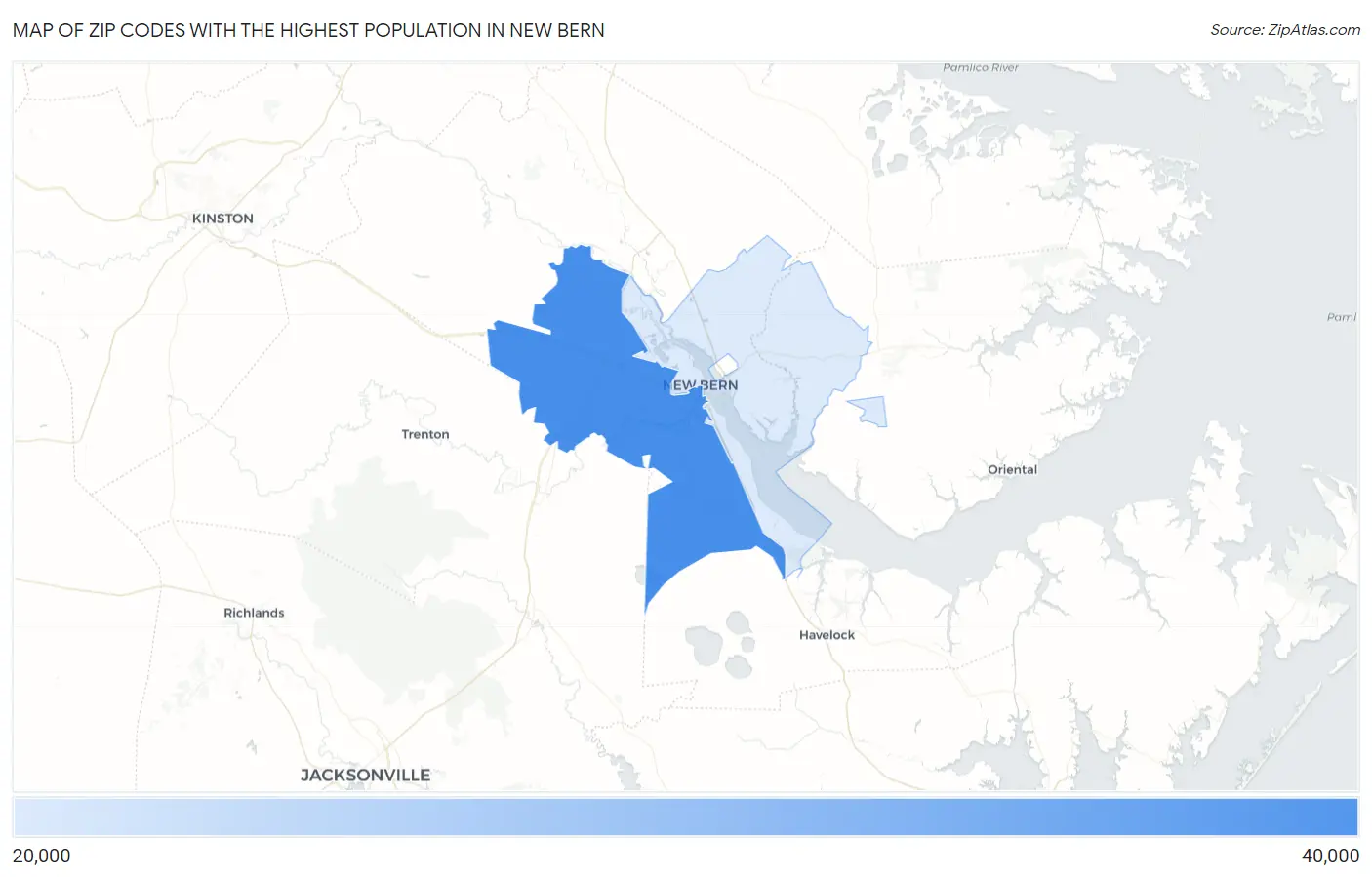 Zip Codes with the Highest Population in New Bern Map