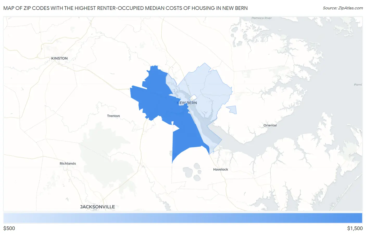Zip Codes with the Highest Renter-Occupied Median Costs of Housing in New Bern Map