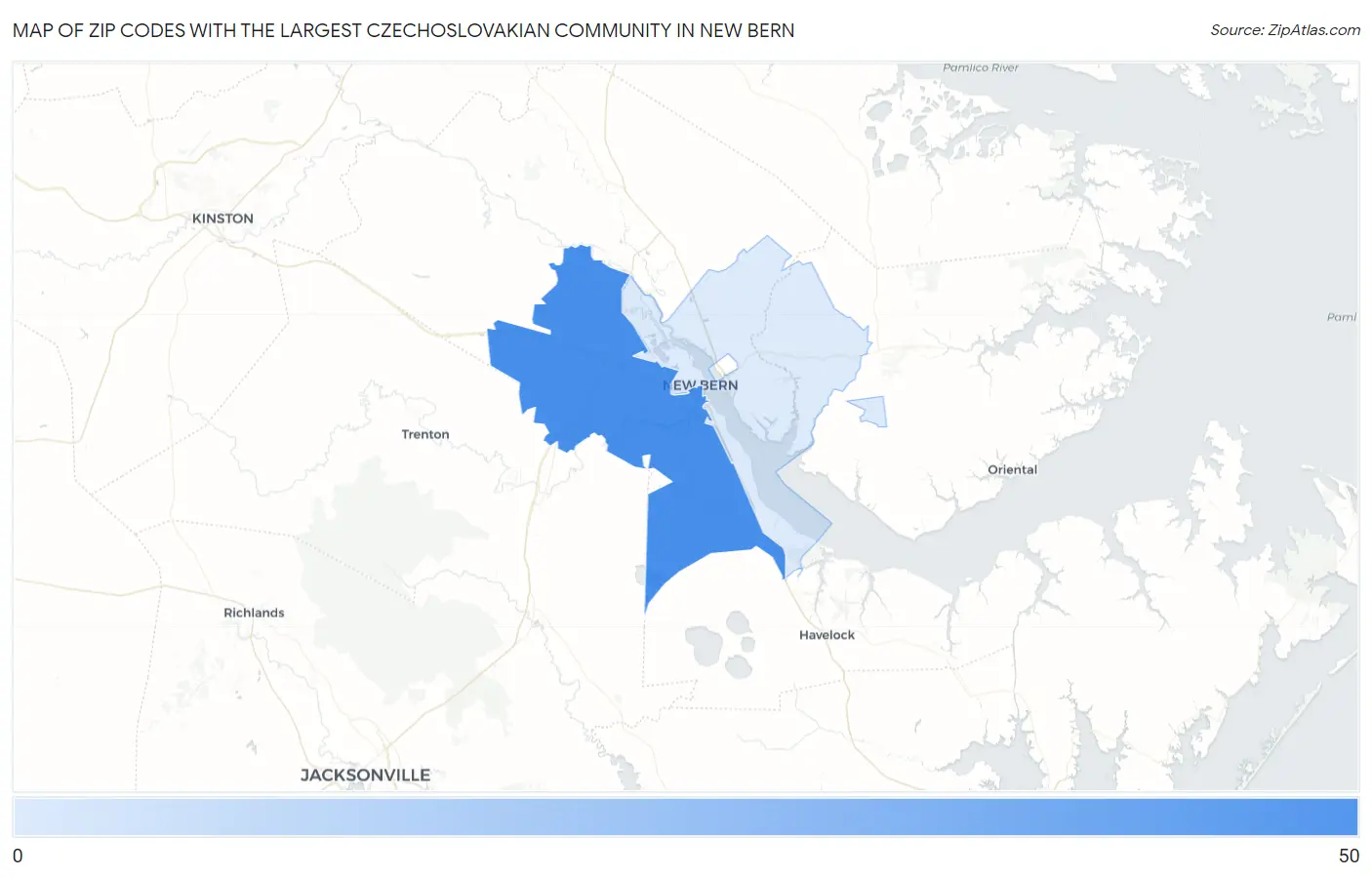 Zip Codes with the Largest Czechoslovakian Community in New Bern Map