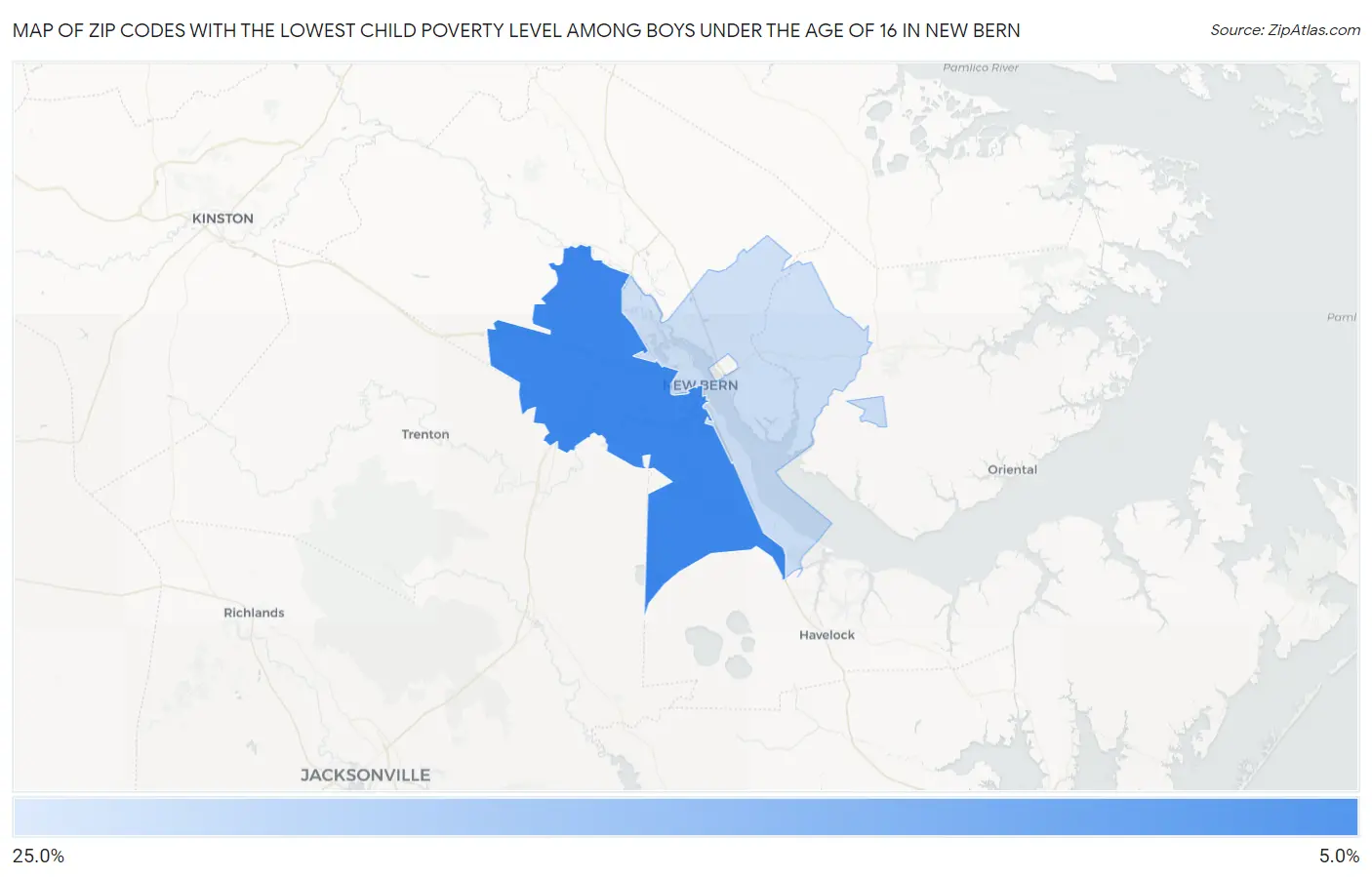 Zip Codes with the Lowest Child Poverty Level Among Boys Under the Age of 16 in New Bern Map