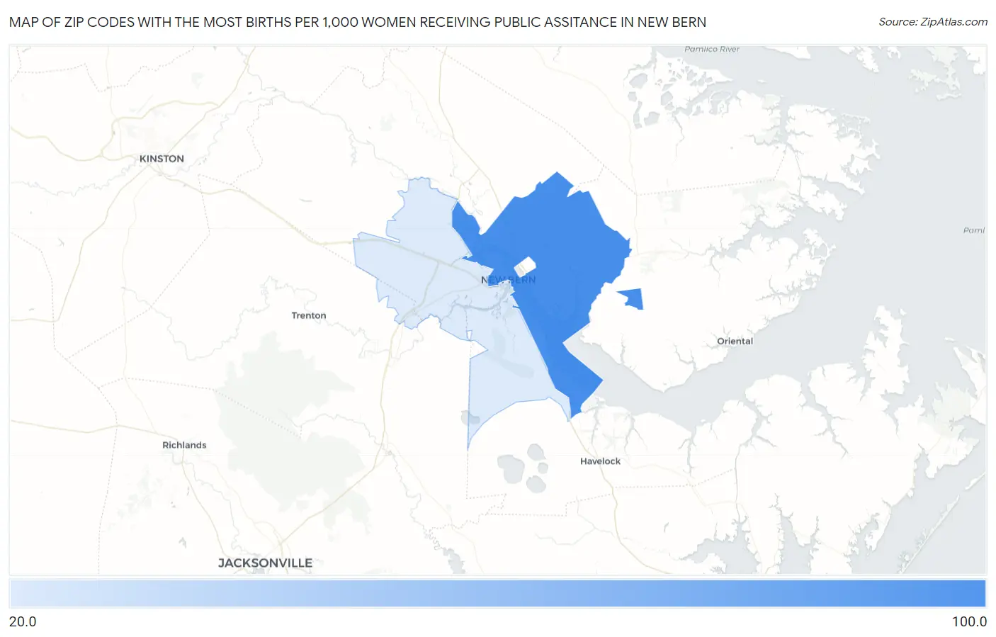 Zip Codes with the Most Births per 1,000 Women Receiving Public Assitance in New Bern Map