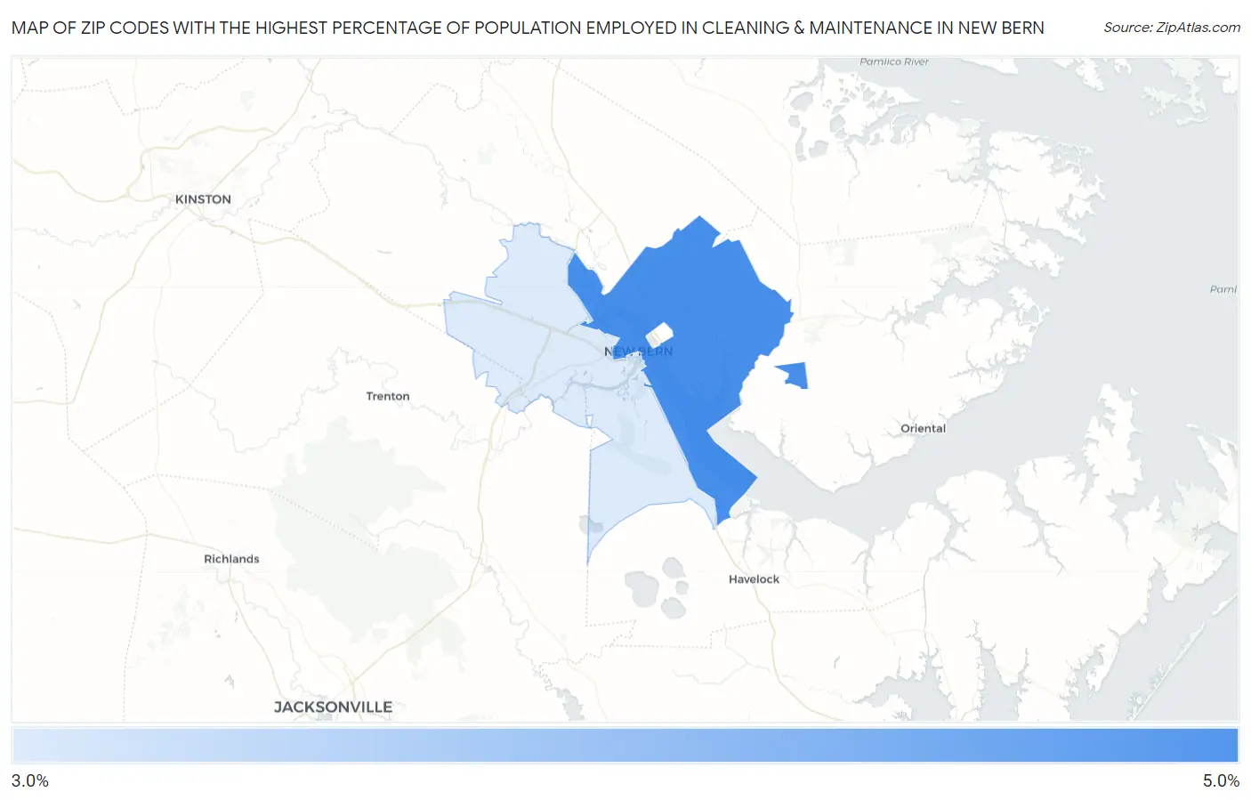 Zip Codes with the Highest Percentage of Population Employed in Cleaning & Maintenance in New Bern Map