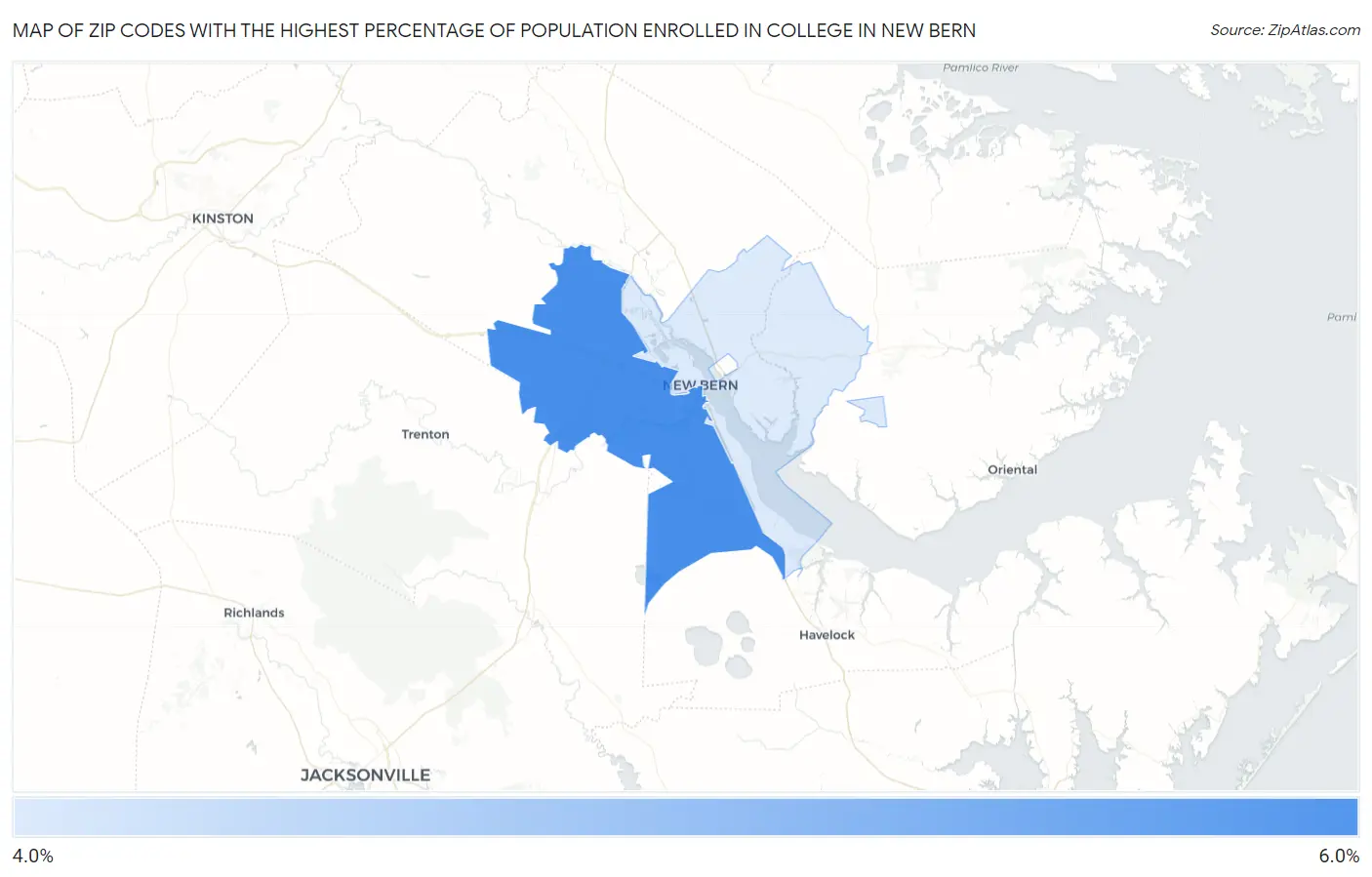 Zip Codes with the Highest Percentage of Population Enrolled in College in New Bern Map