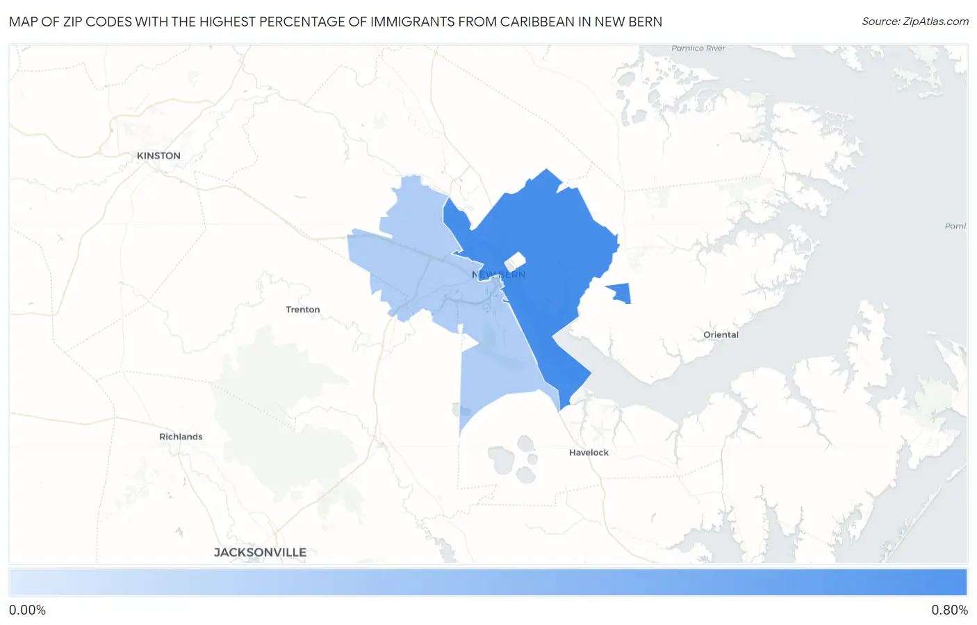 Zip Codes with the Highest Percentage of Immigrants from Caribbean in New Bern Map