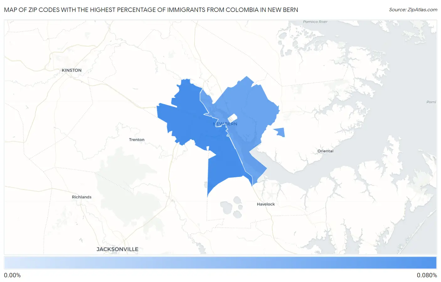 Zip Codes with the Highest Percentage of Immigrants from Colombia in New Bern Map
