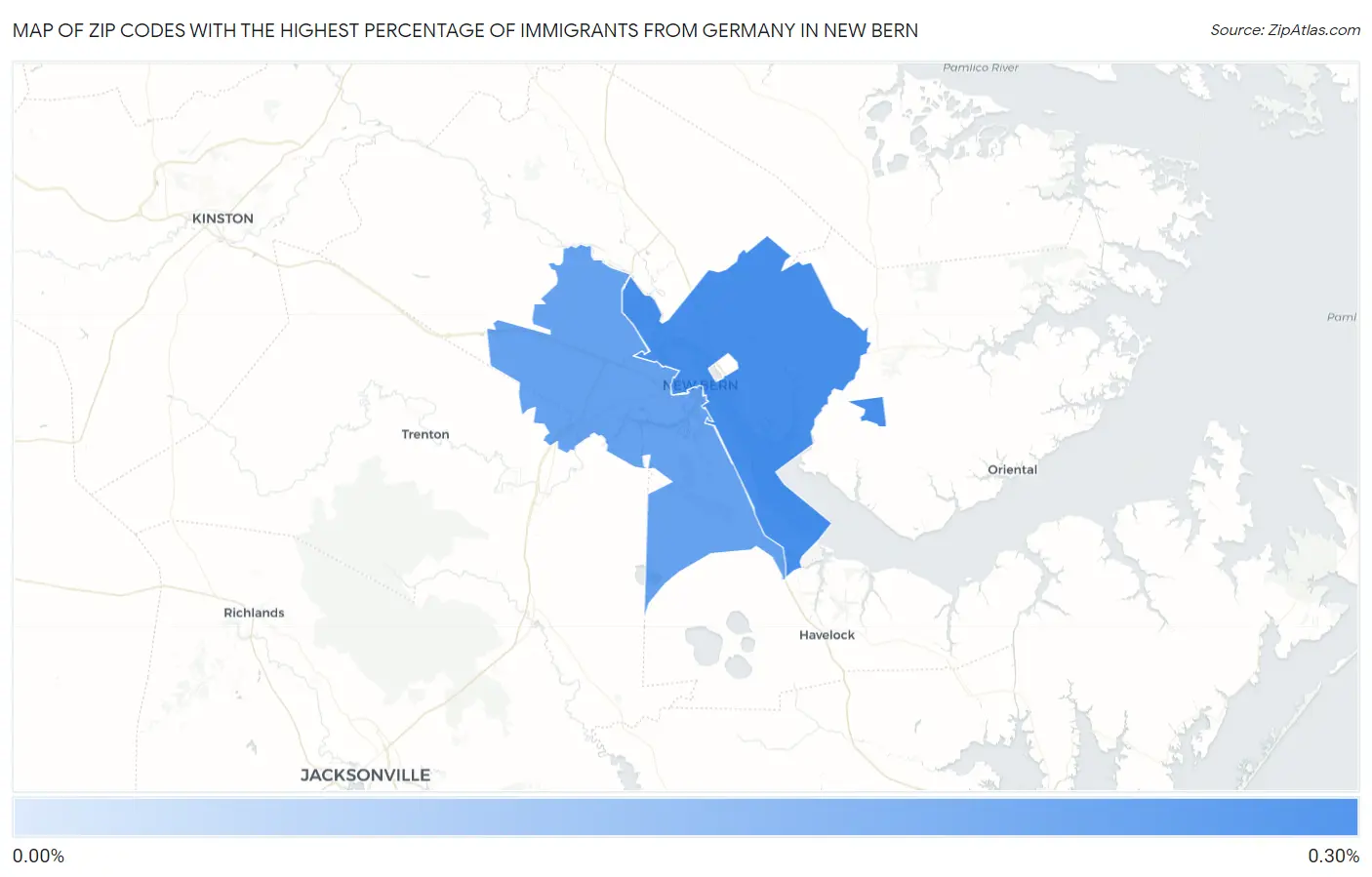 Zip Codes with the Highest Percentage of Immigrants from Germany in New Bern Map