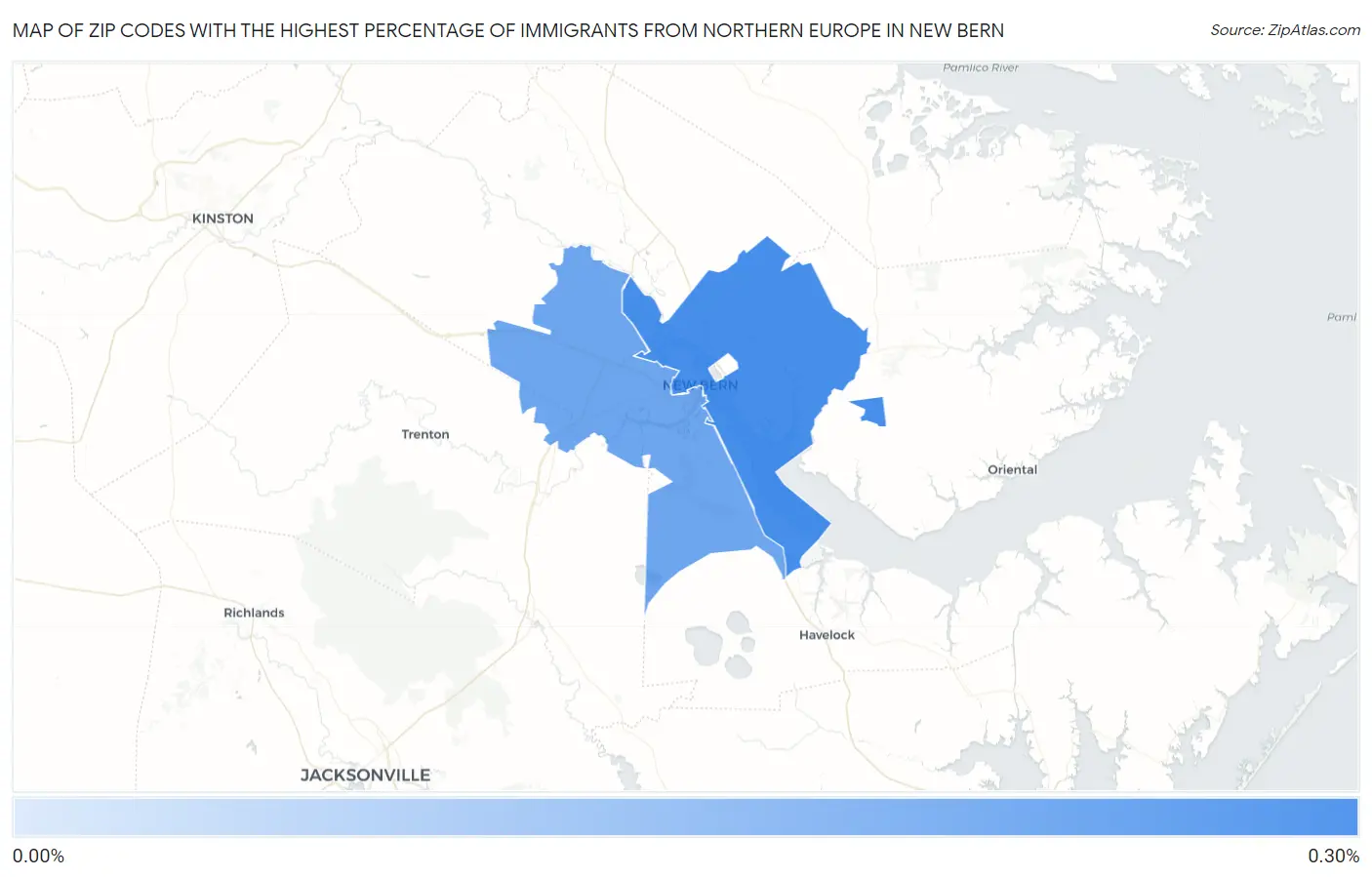 Zip Codes with the Highest Percentage of Immigrants from Northern Europe in New Bern Map