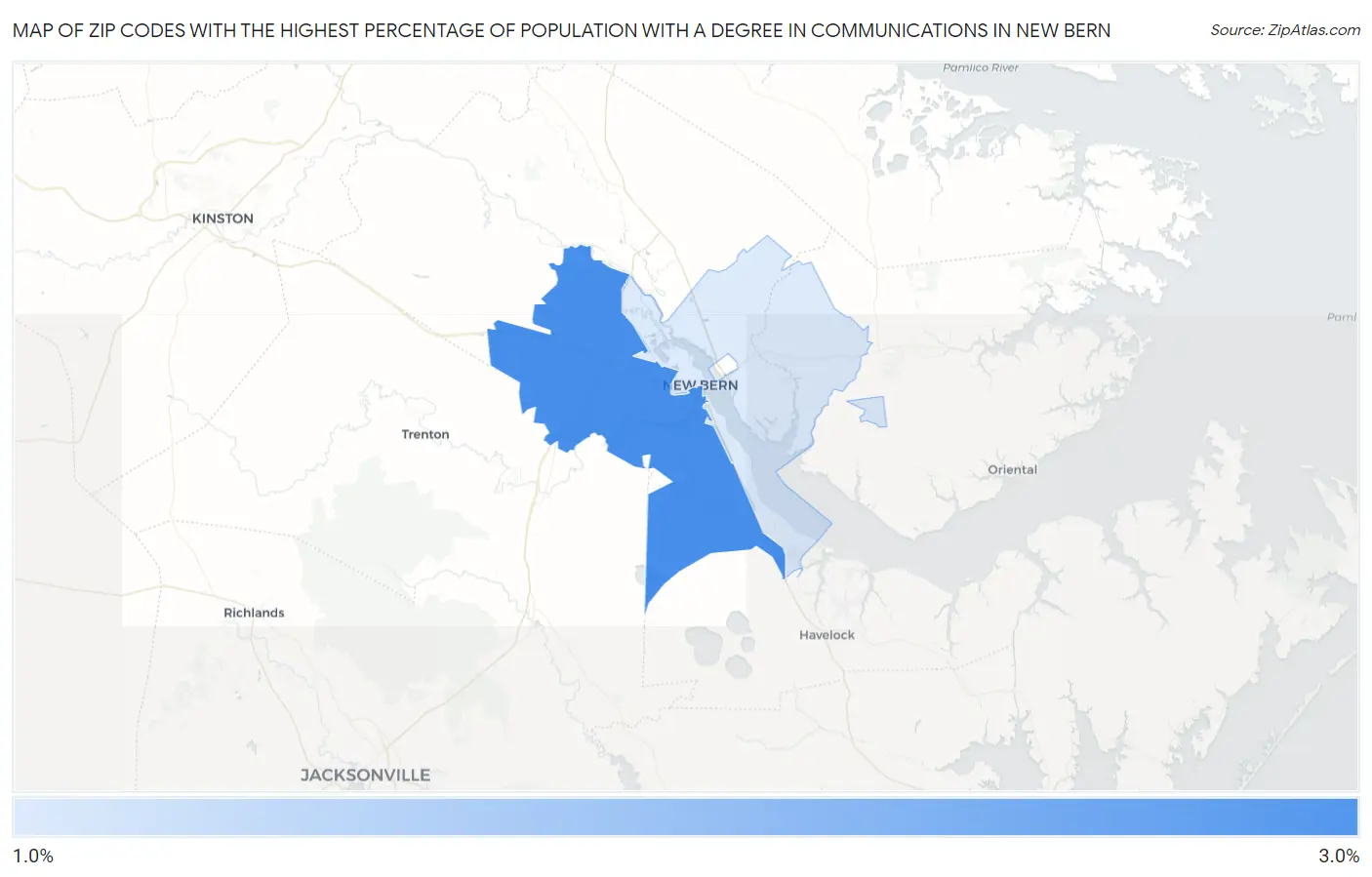 Zip Codes with the Highest Percentage of Population with a Degree in Communications in New Bern Map