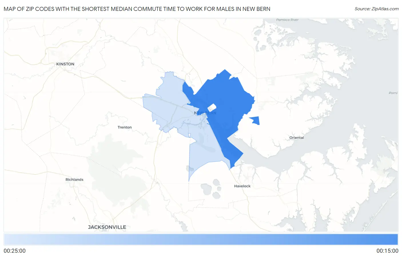Zip Codes with the Shortest Median Commute Time to Work for Males in New Bern Map