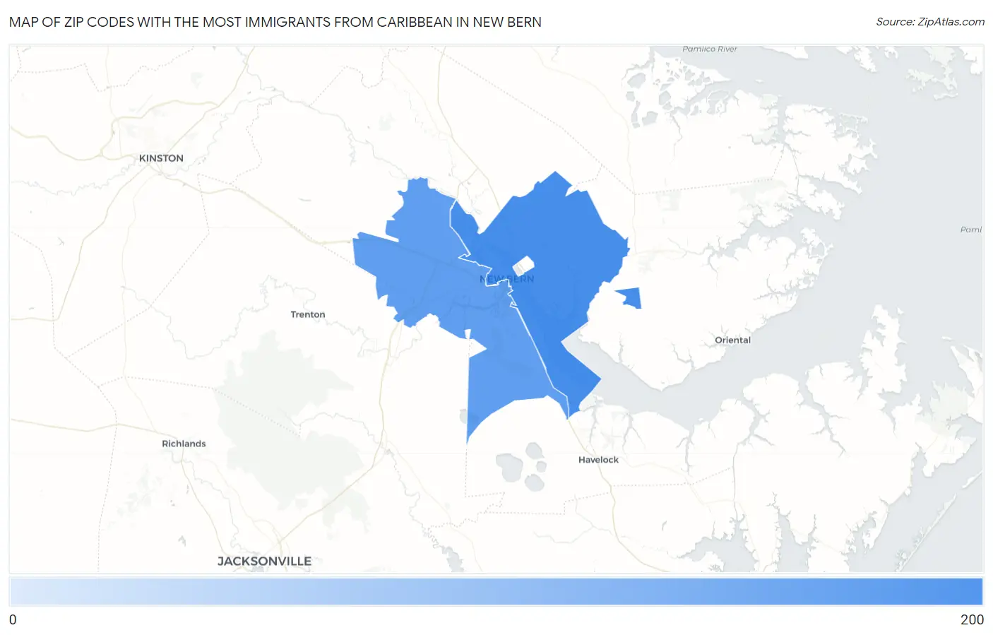 Zip Codes with the Most Immigrants from Caribbean in New Bern Map