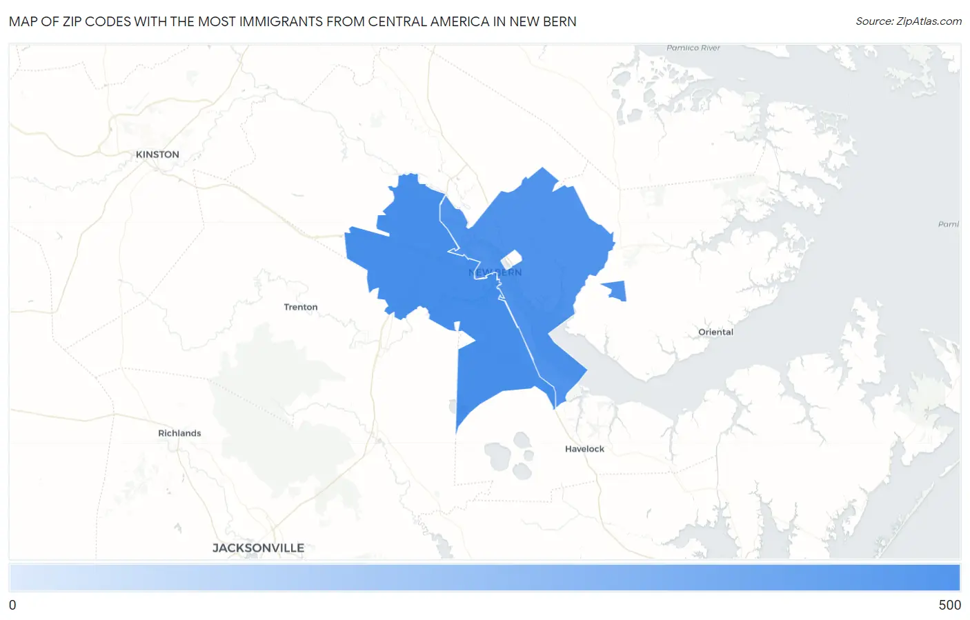 Zip Codes with the Most Immigrants from Central America in New Bern Map