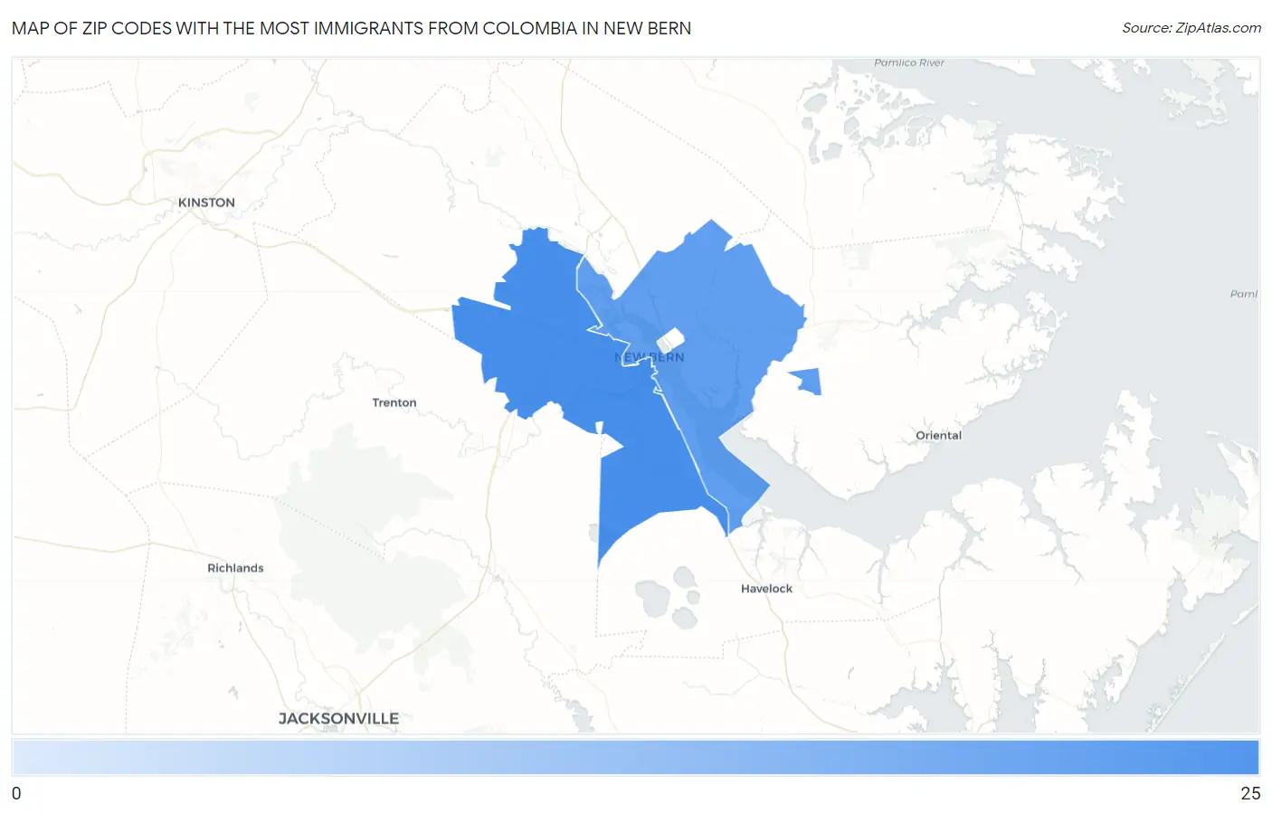 Zip Codes with the Most Immigrants from Colombia in New Bern Map